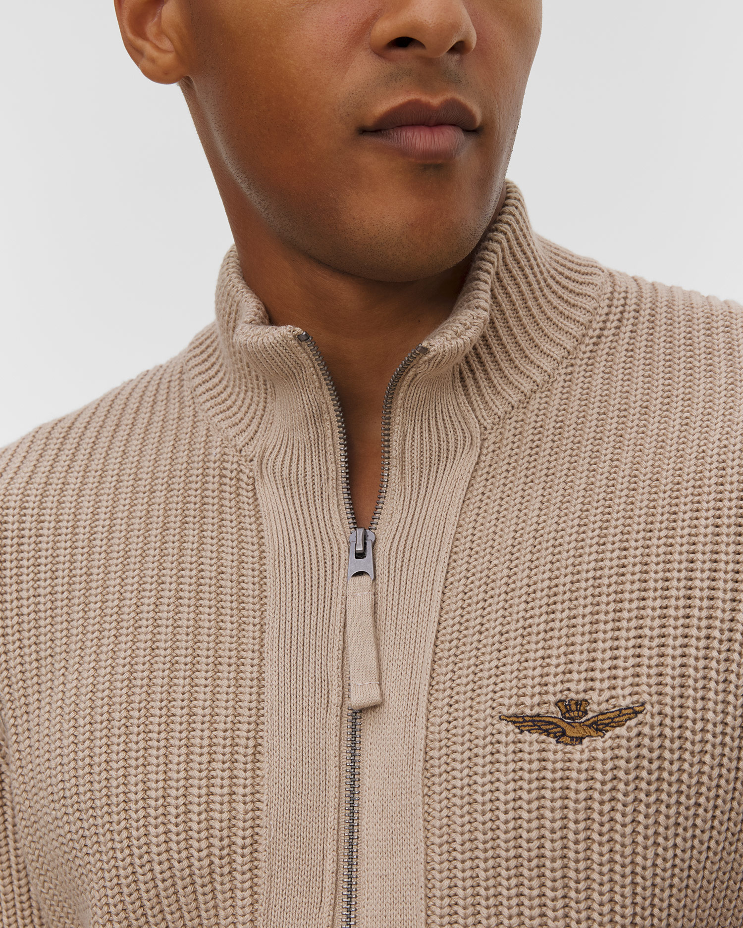 Pull avec zip beige pour hommes Aeronautica Militare