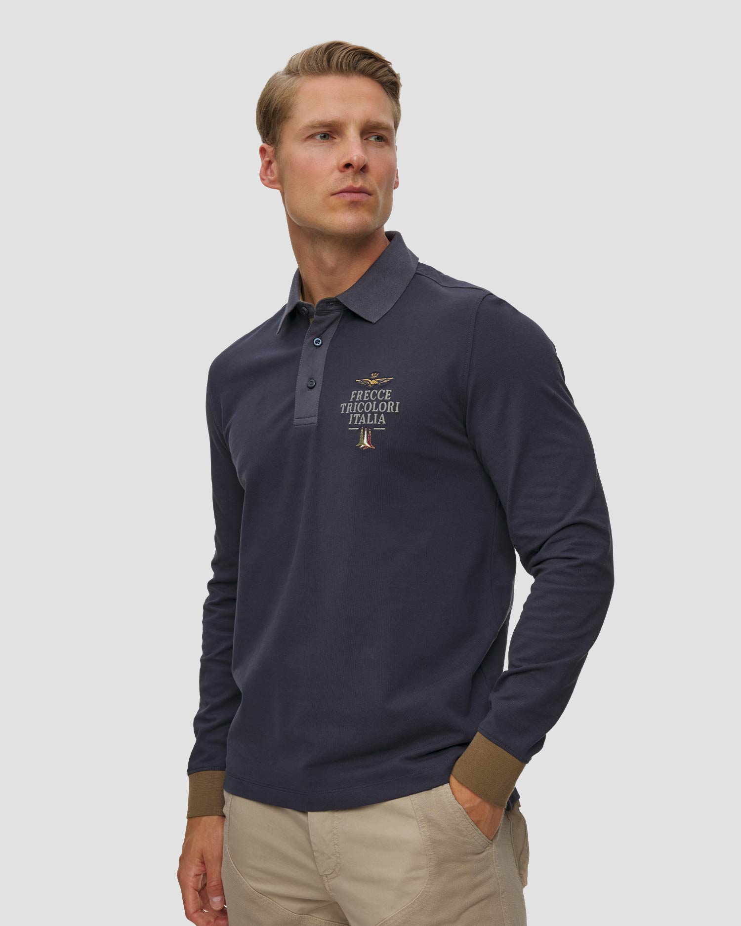 Polo din bumbac pentru bărbați Aeronautica Militare cu mânecă lungă, Culoare/Model: Granatowy