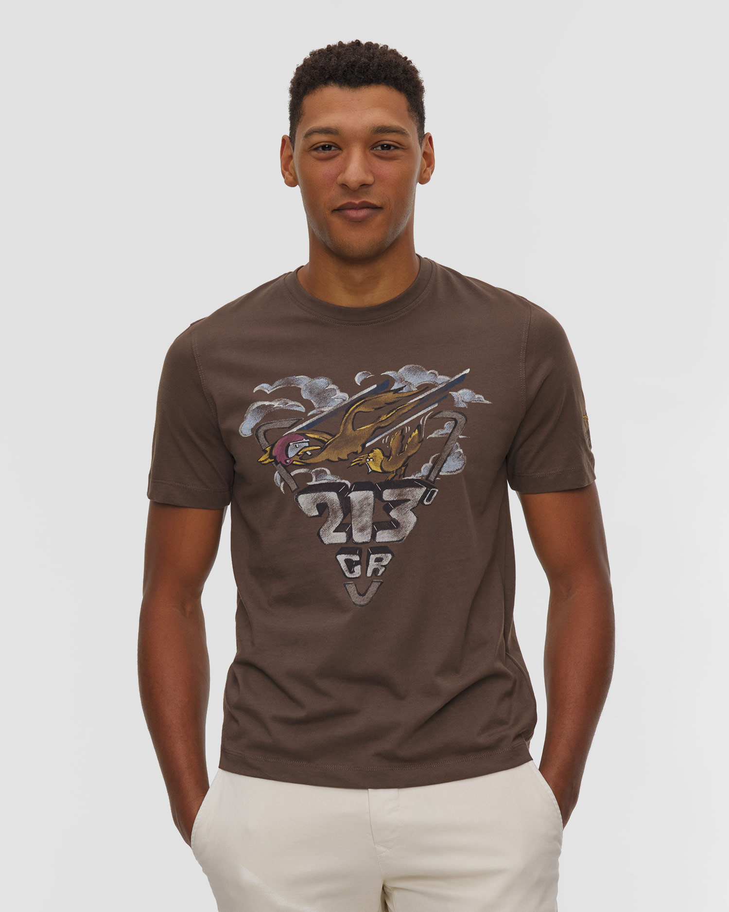 Tricou din bumbac pentru bărbați Aeronautica Militare cu imprimare, Culoare/Model: Brązowy