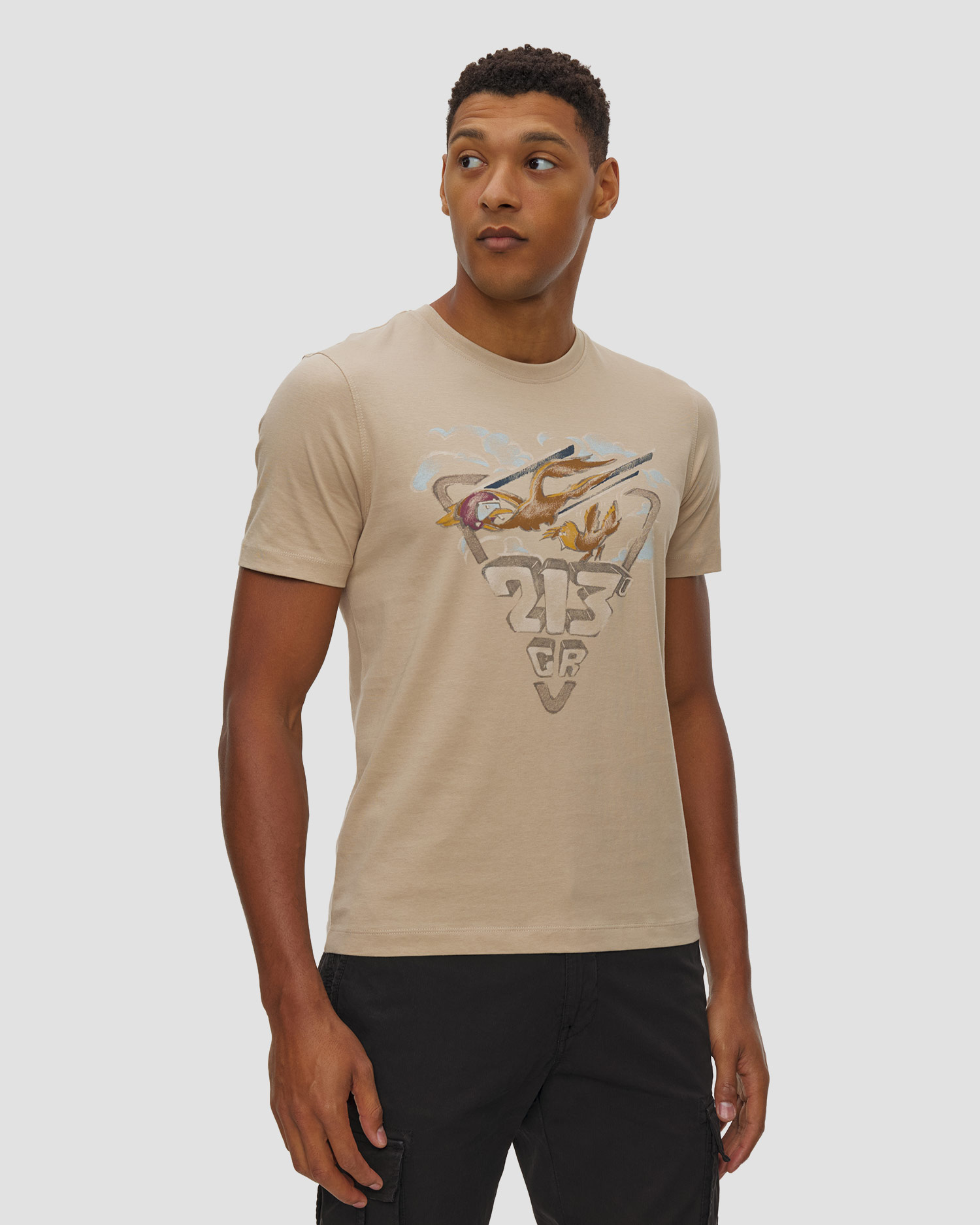 Tricou din bumbac pentru bărbați Aeronautica Militare cu imprimeu, Culoare/Model: Beżowy