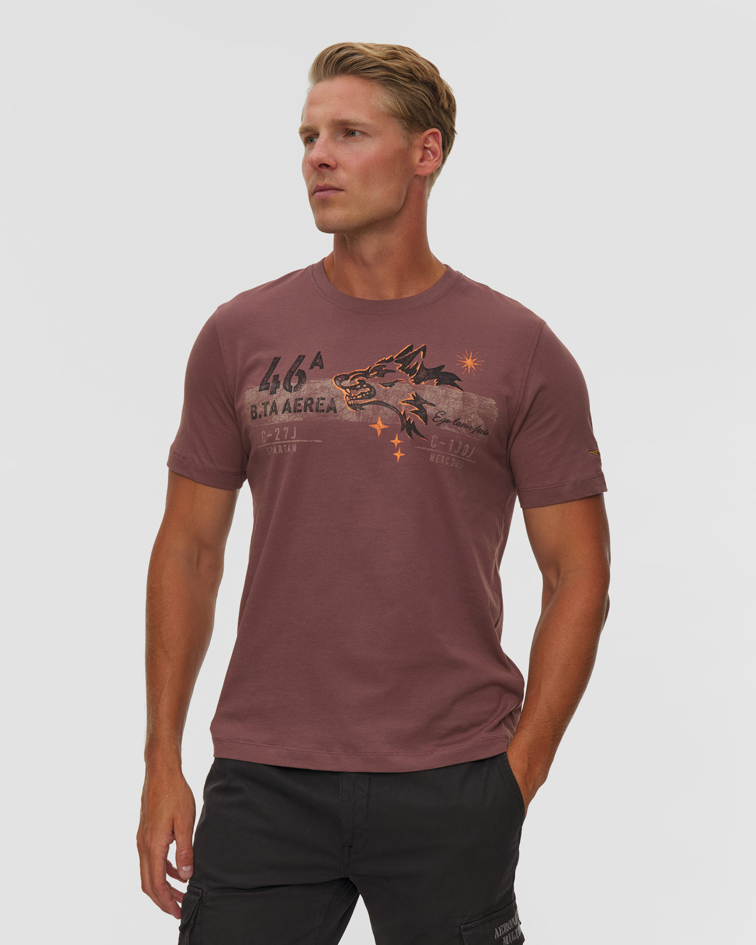 Aeronautica Militare Herren-T-Shirt aus Baumwolle mit Aufdruck und Stickerei, Farbe/Muster: Brązowy