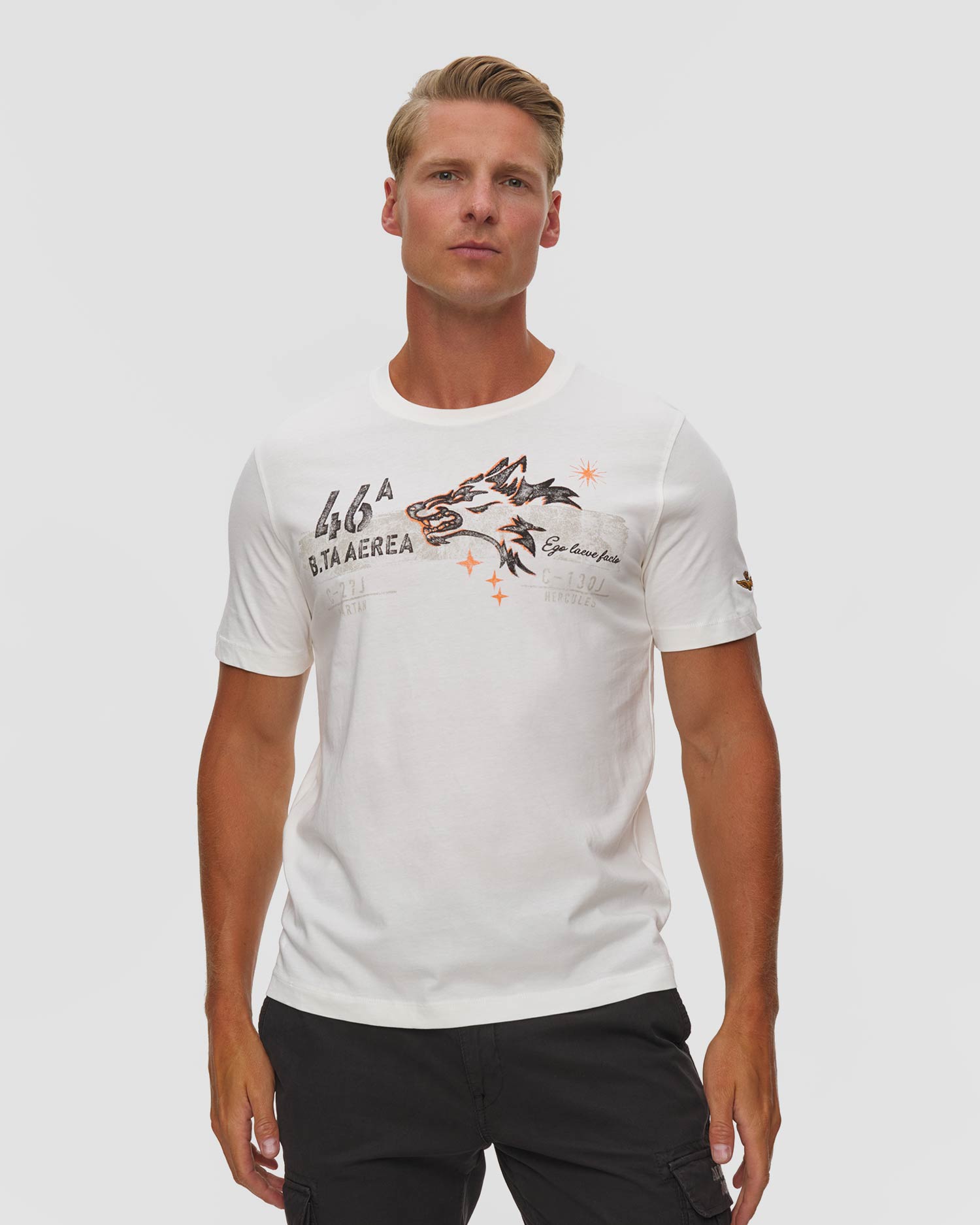 Aeronautica Militare Herren-T-Shirt aus Baumwolle mit Aufdruck und Stickerei, Farbe/Muster: Biały