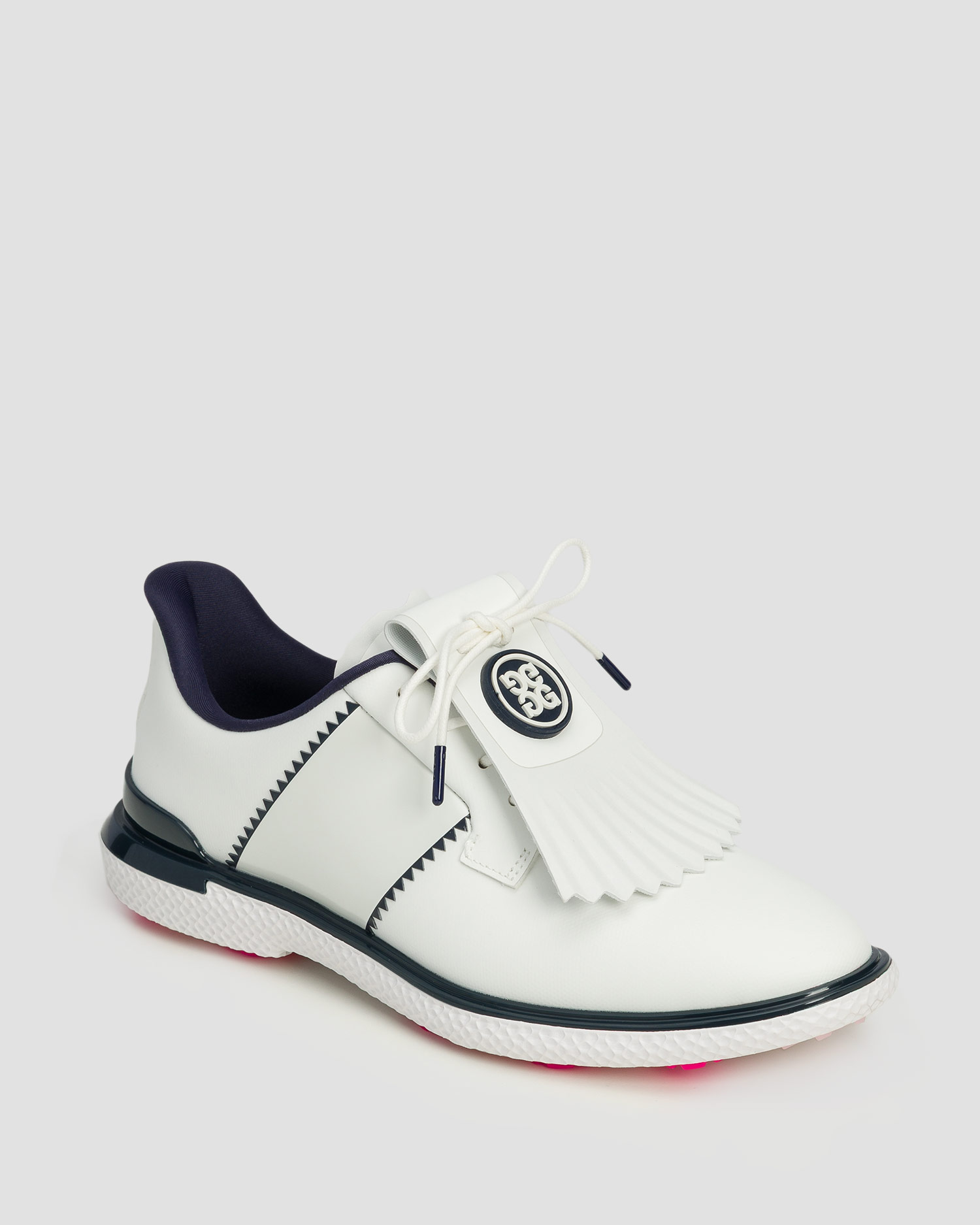 Chaussures de golf blanches et bleu marine pour femmes G/Fore Gallivan2r Saddle Stripe