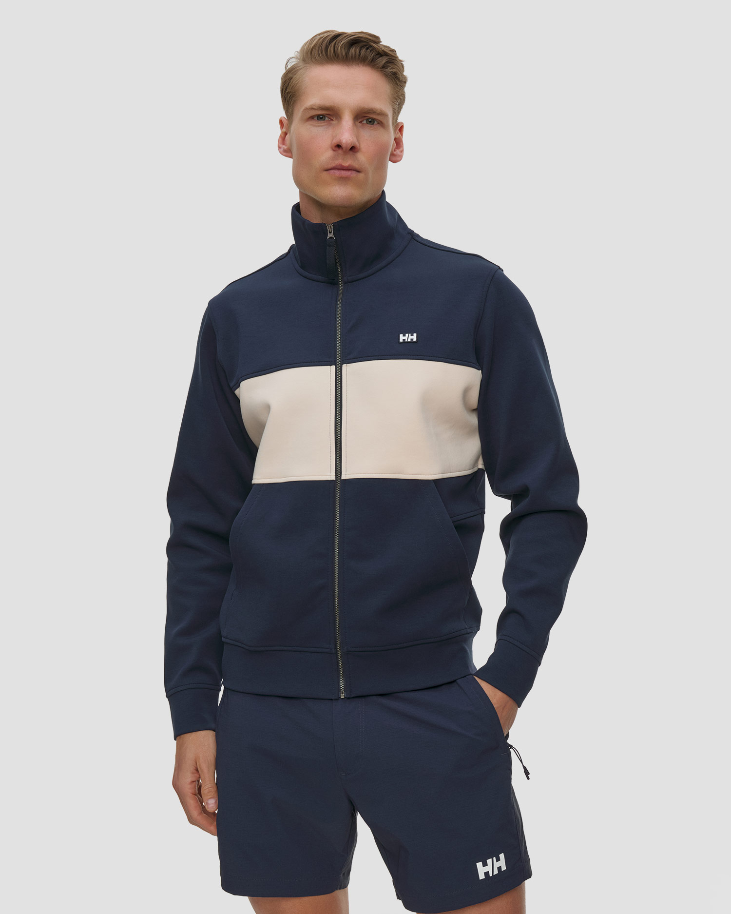 Pánská mikina se stojáčkem Helly Hansen Koster Sweat Jacket v tmavě modrém a béžovém barevném provedení