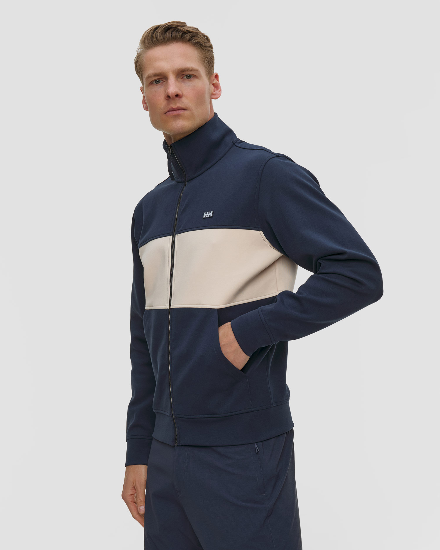 Pánská mikina se stojáčkem Helly Hansen Koster Sweat Jacket v tmavě modrém a béžovém barevném provedení