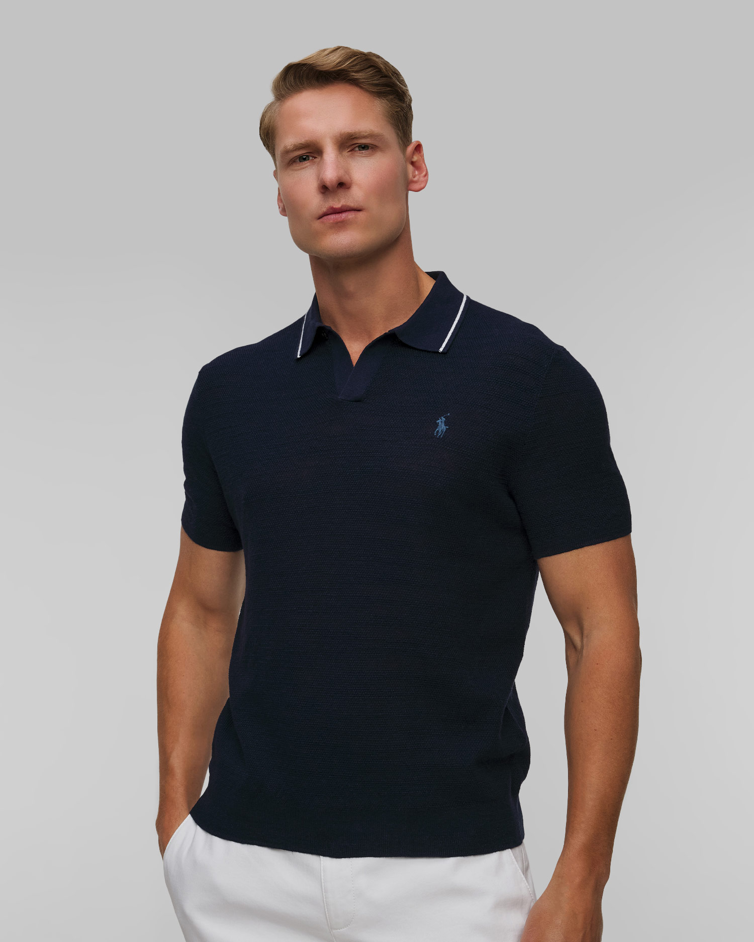 Tmavě modré lněné pánské polo Polo Ralph Lauren