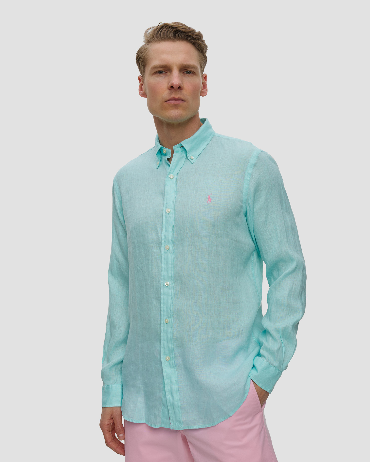 Cămașă albastră de in pentru bărbați Polo Ralph Lauren, Culoare/Model: Niebieski,Zielony