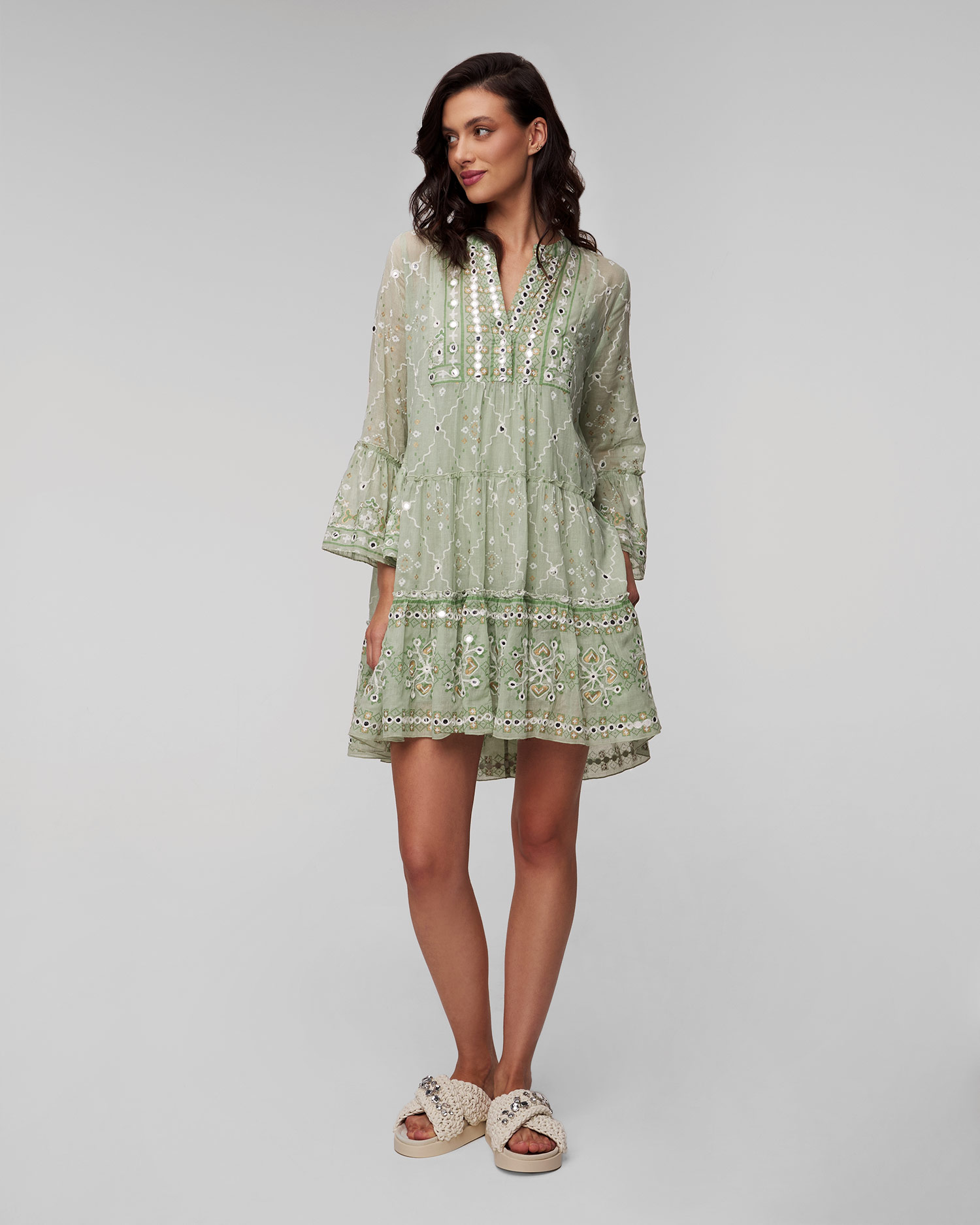 Rochie verde Juliet Dunn Mozaic Mosaic Flared Sleeve