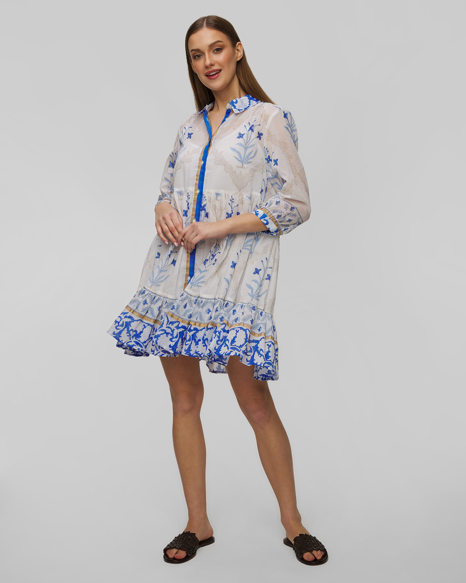 Juliet Dunn Frill Shirt Dress in Blue Cage Block Print Sommerkleid für Damen