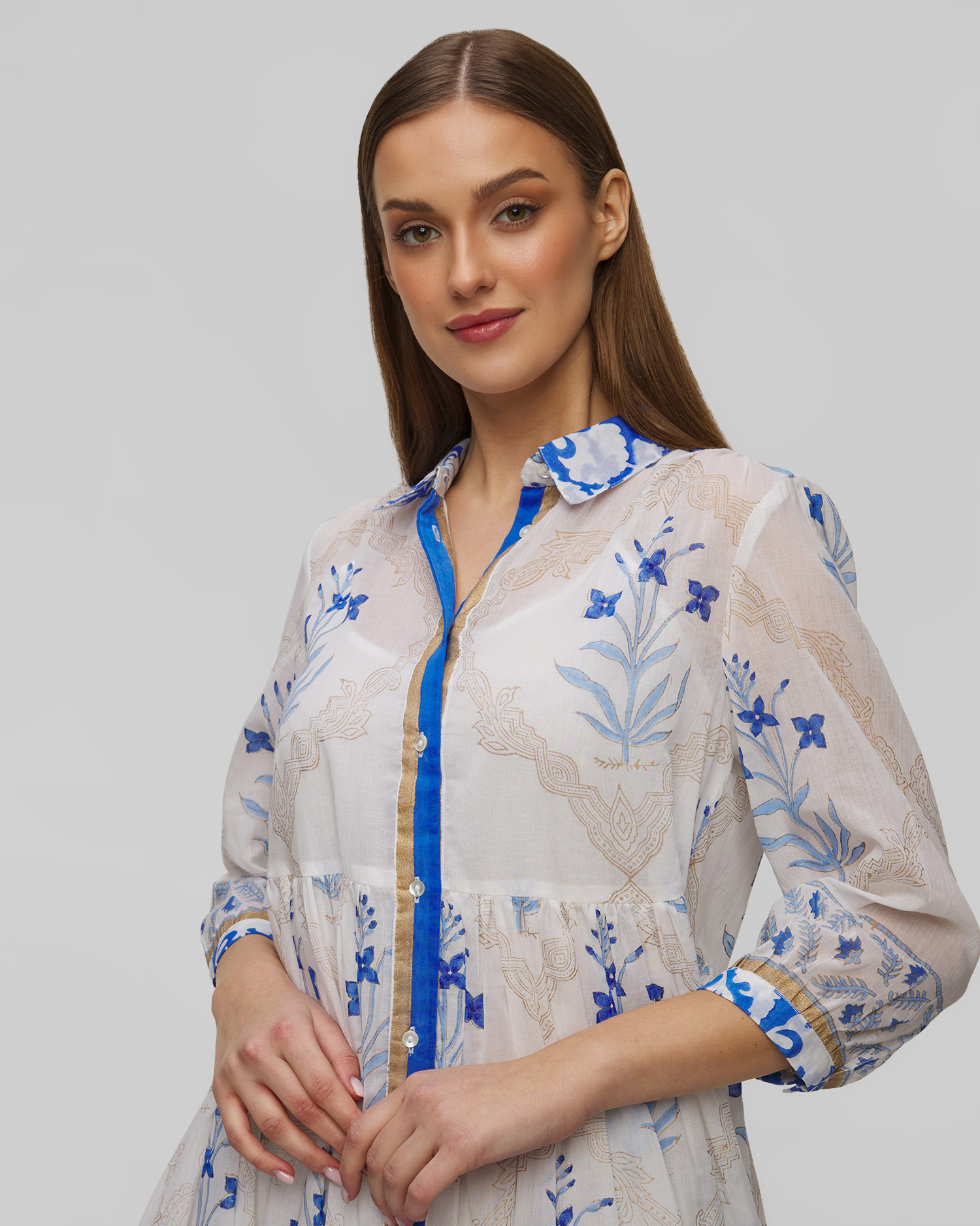 Robe d'été pour femmes Juliet Dunn Frill Shirt Dress in Blue Cage Block Print