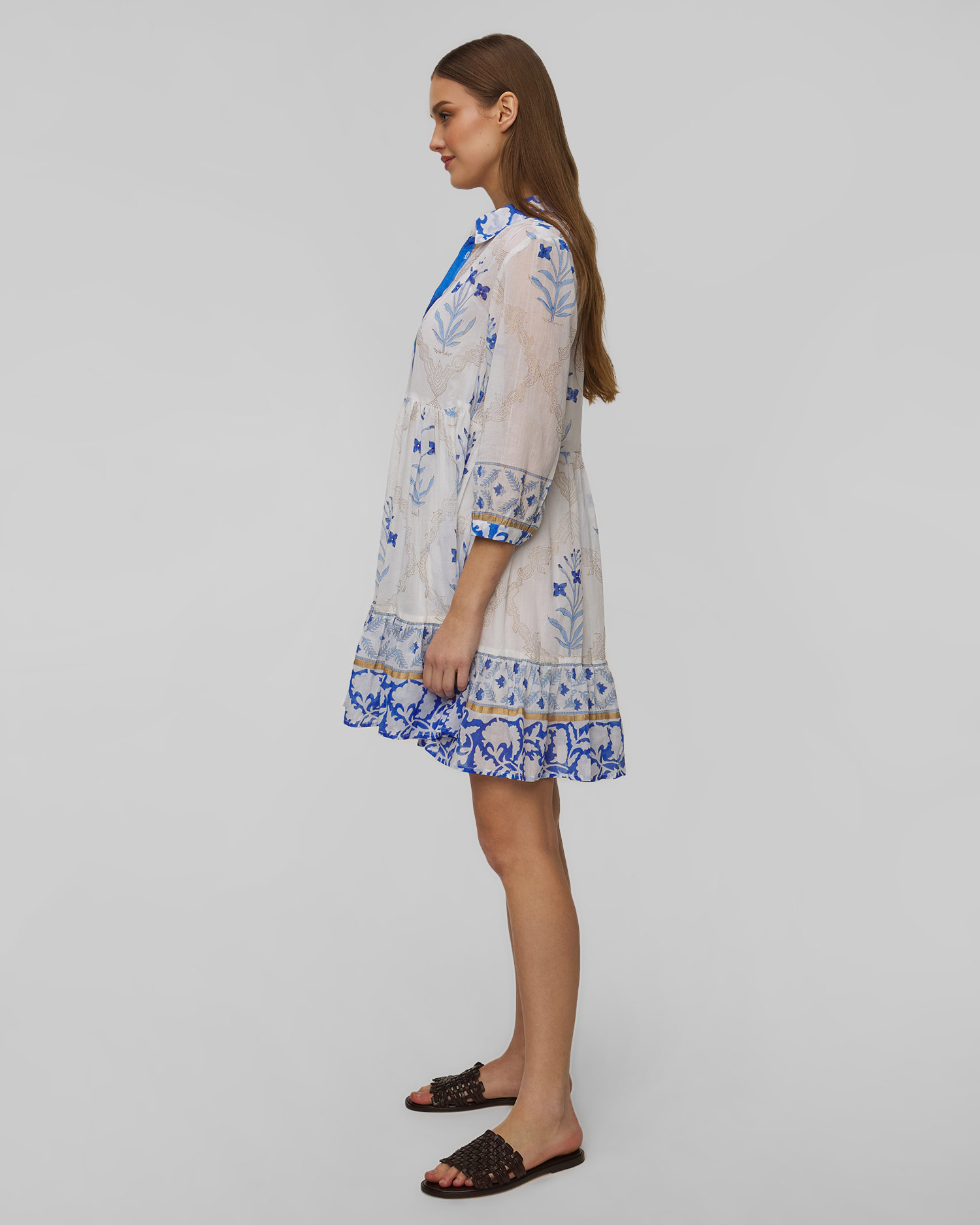 Robe d'été pour femmes Juliet Dunn Frill Shirt Dress in Blue Cage Block Print