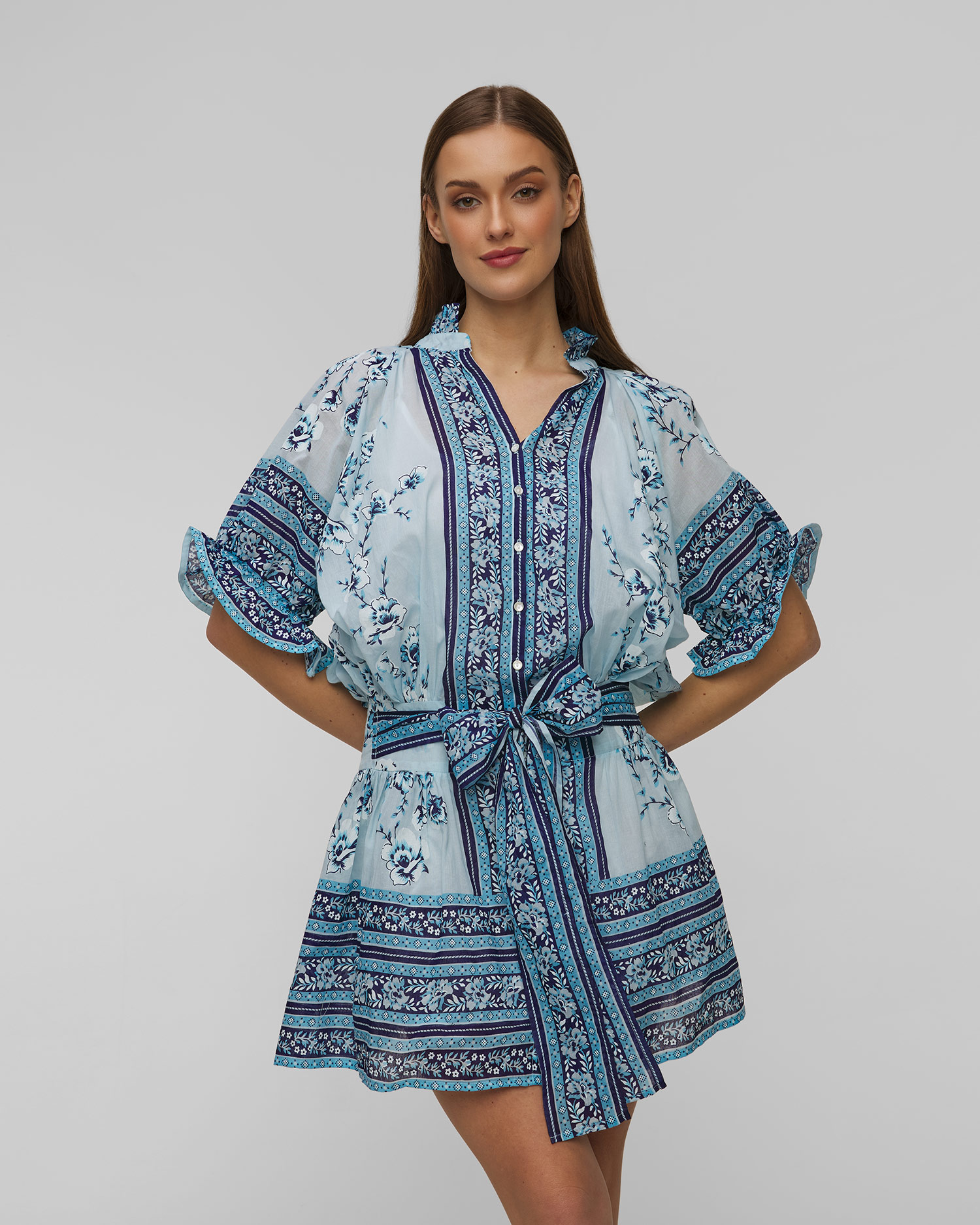 Juliet Dunn Cherry Blossom Blouson Dress in China Blue