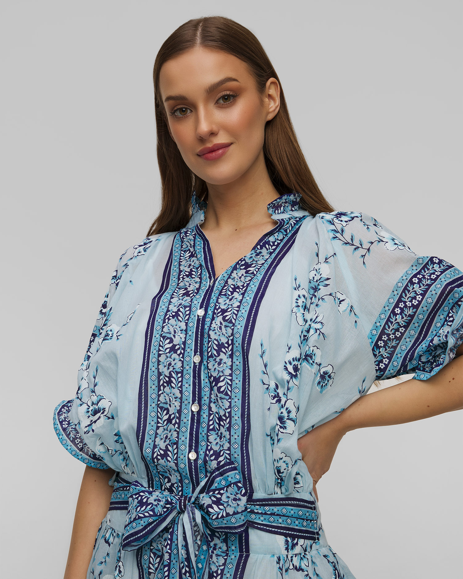 Juliet Dunn Cherry Blossom Blouson Dress in China Blue