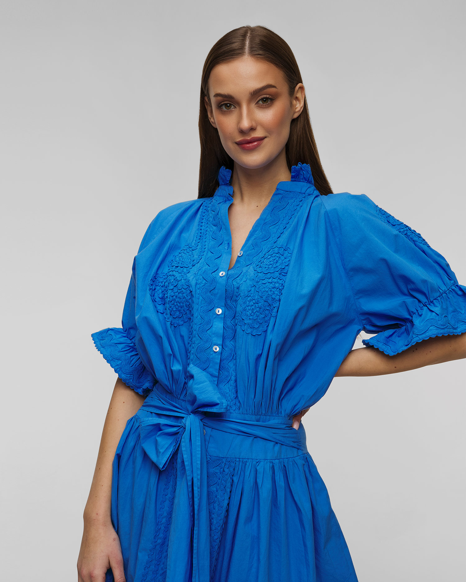 Robe d'été avec broderie pour femmes Juliet Dunn Poplin Blouson in Fuchsia with Ric Rac Embroidery, Couleur: Niebieski