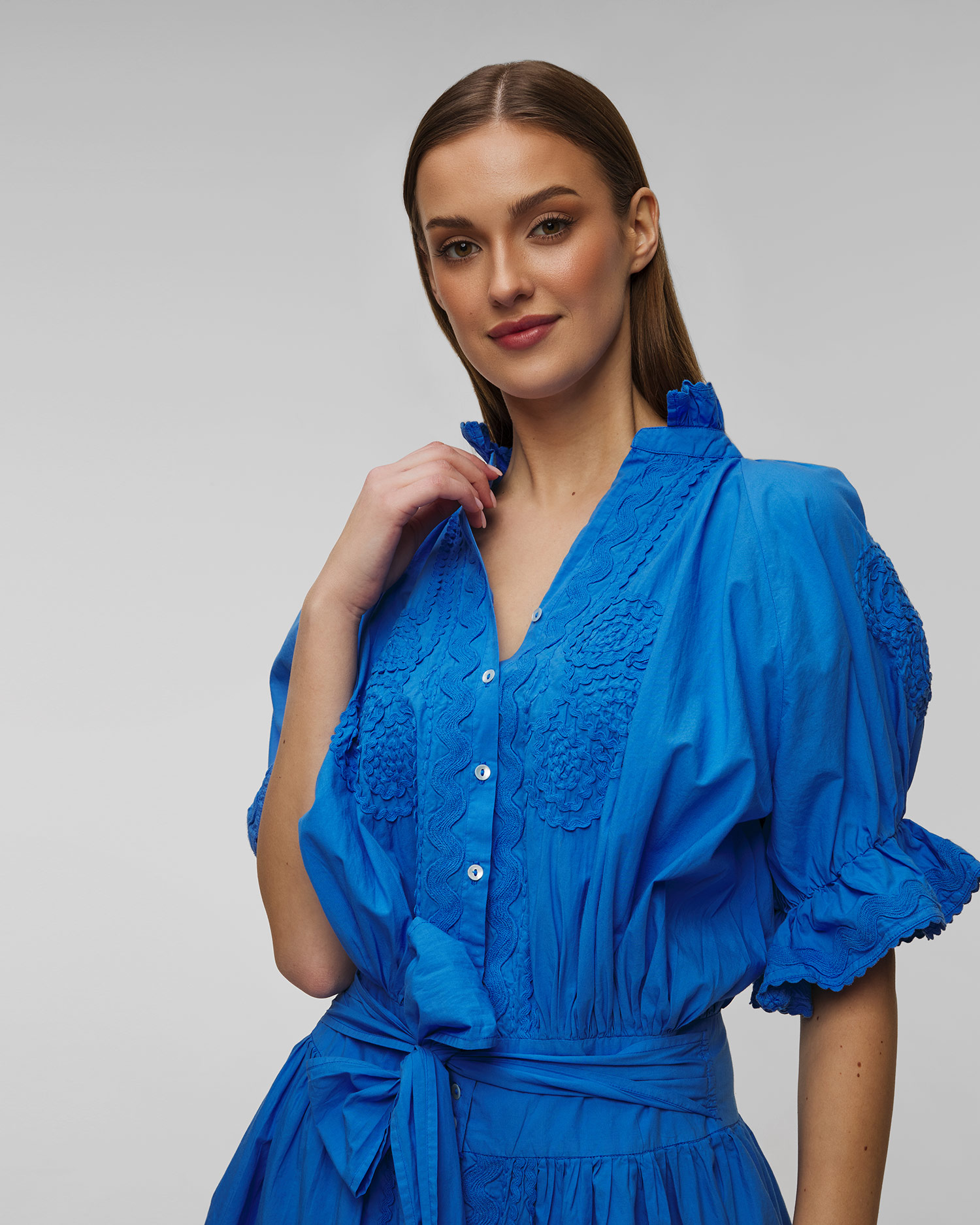 Robe d'été avec broderie pour femmes Juliet Dunn Poplin Blouson in Fuchsia with Ric Rac Embroidery