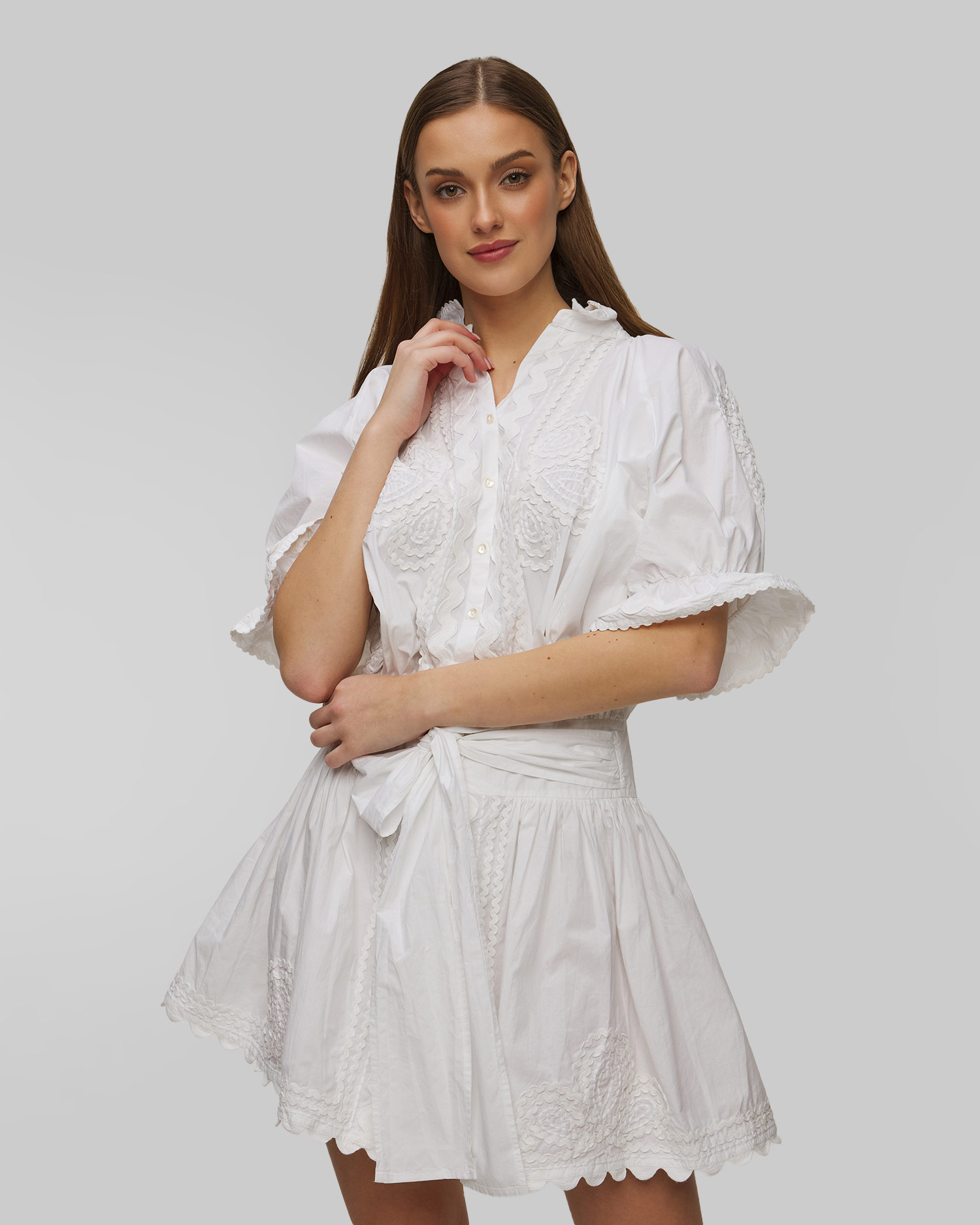 Juliet Dunn Poplin Blouson in Fuchsia with Ric Rac Embroidery Sommerkleid für Damen mit Stickerei