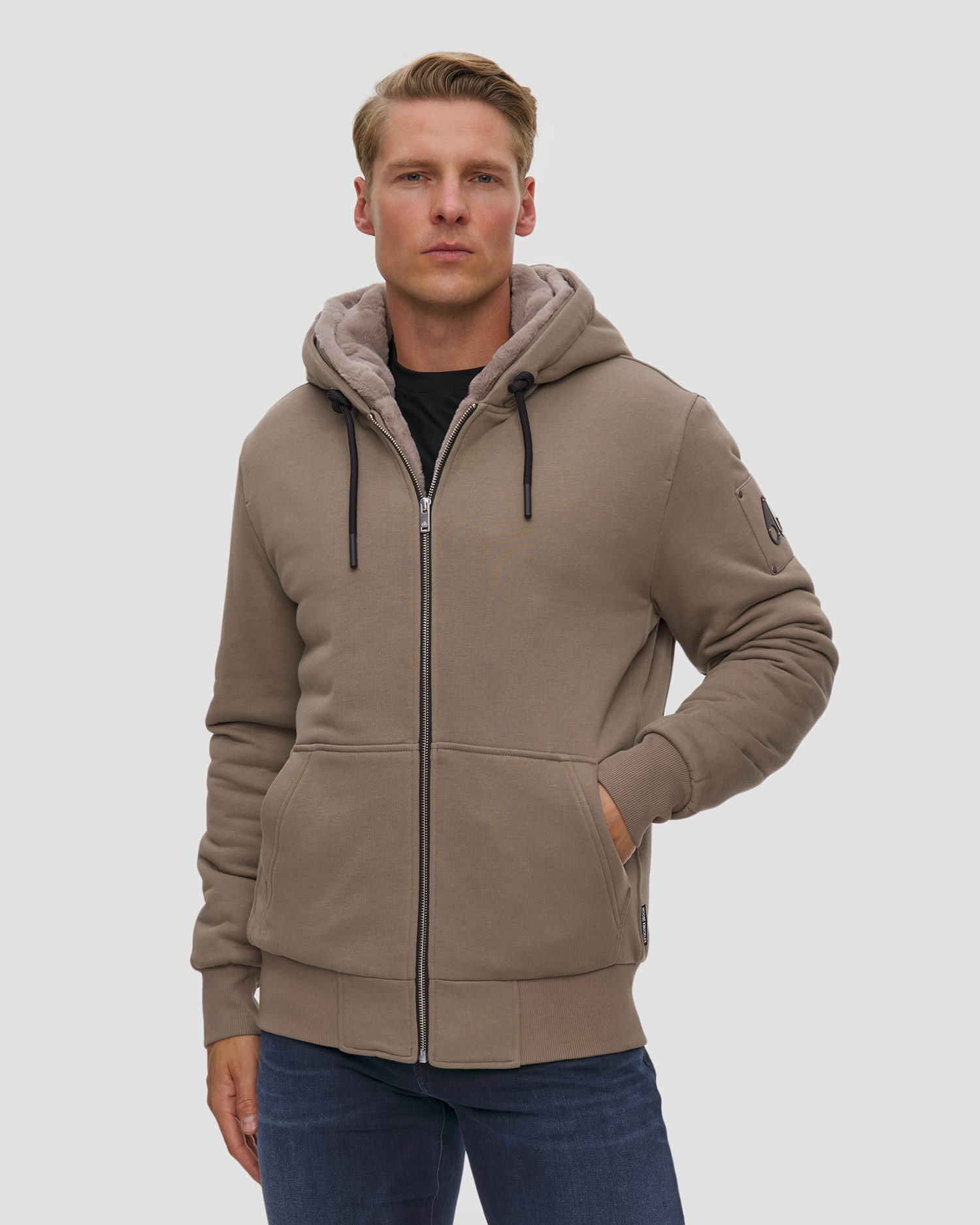Pánská bunda s kapucou Moose Knuckles Classic Bunny v béžovém barevném odstínu