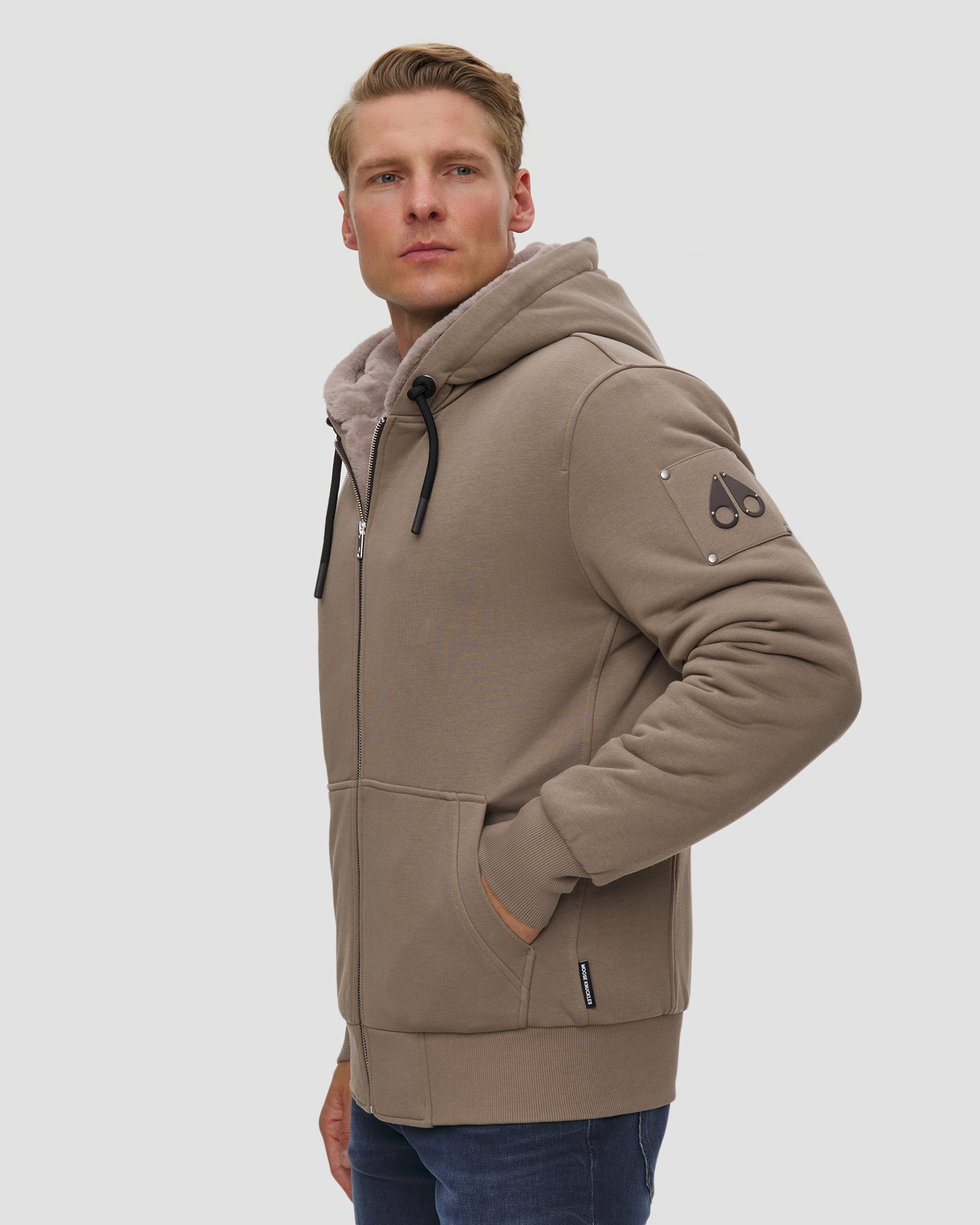 Pánská bunda s kapucou Moose Knuckles Classic Bunny v béžovém barevném odstínu