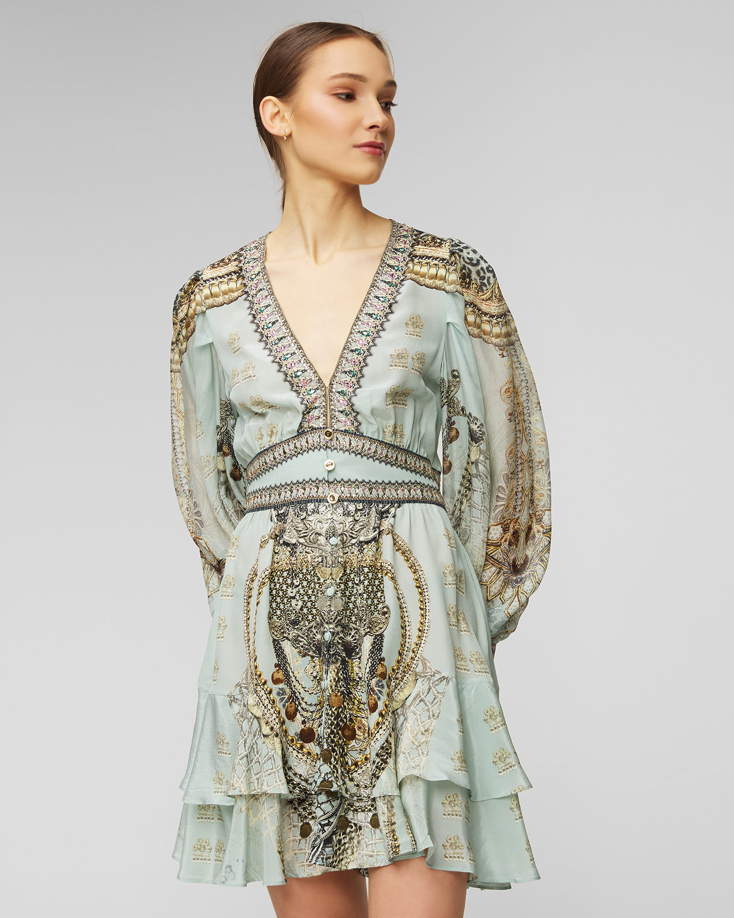 CAMILLA Button Front Frill Free Espiritu silk dress 