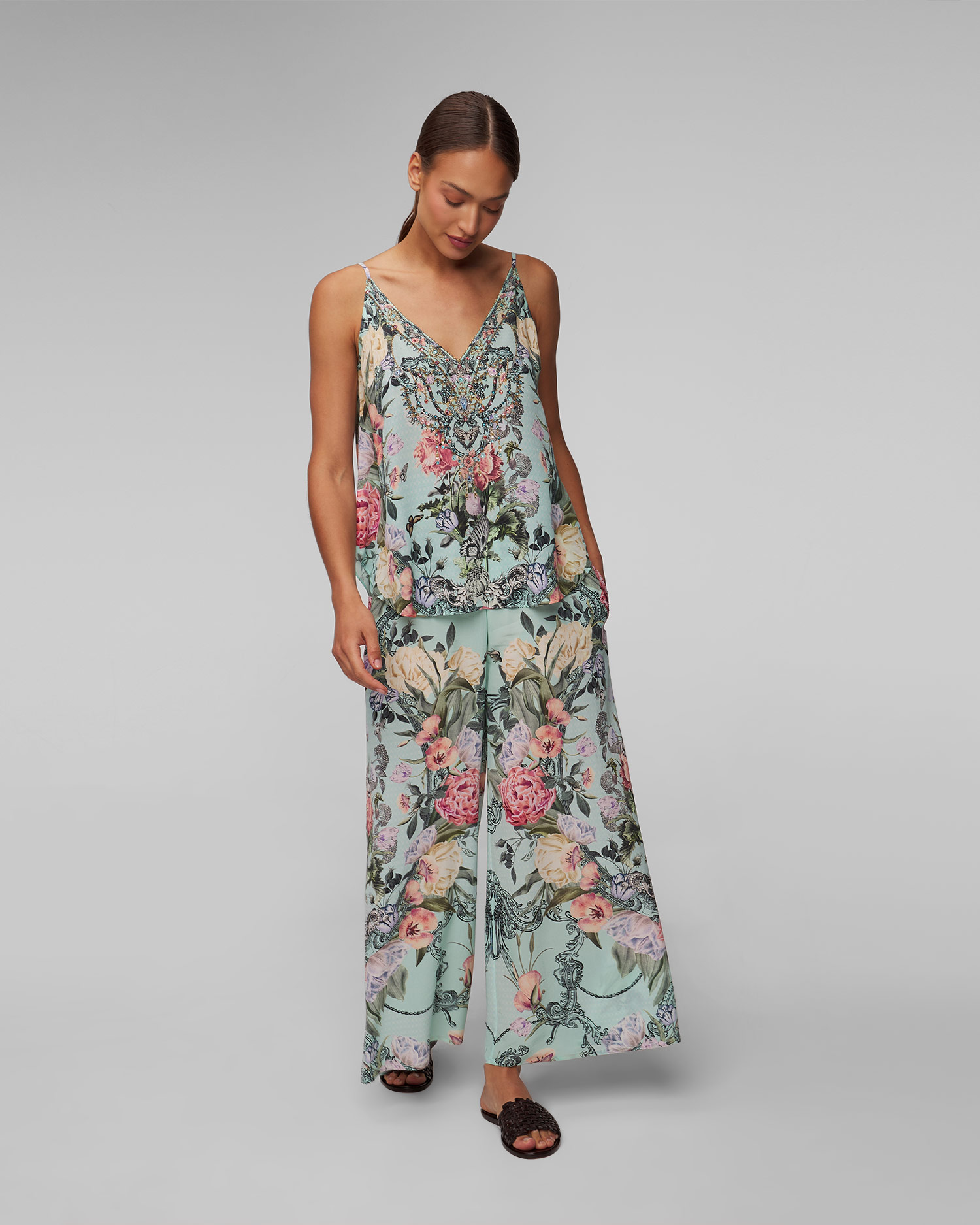 Women's wide floral silk trousers Camilla
