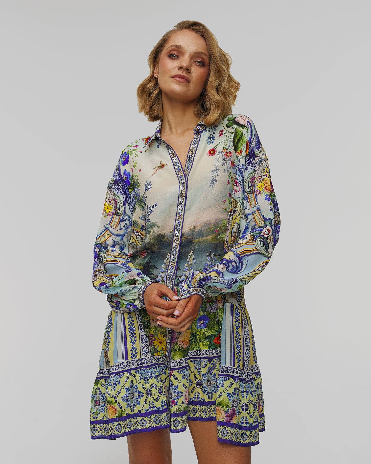 Dámske hodvábne šaty Camilla Long Sleeve Tiered Short 