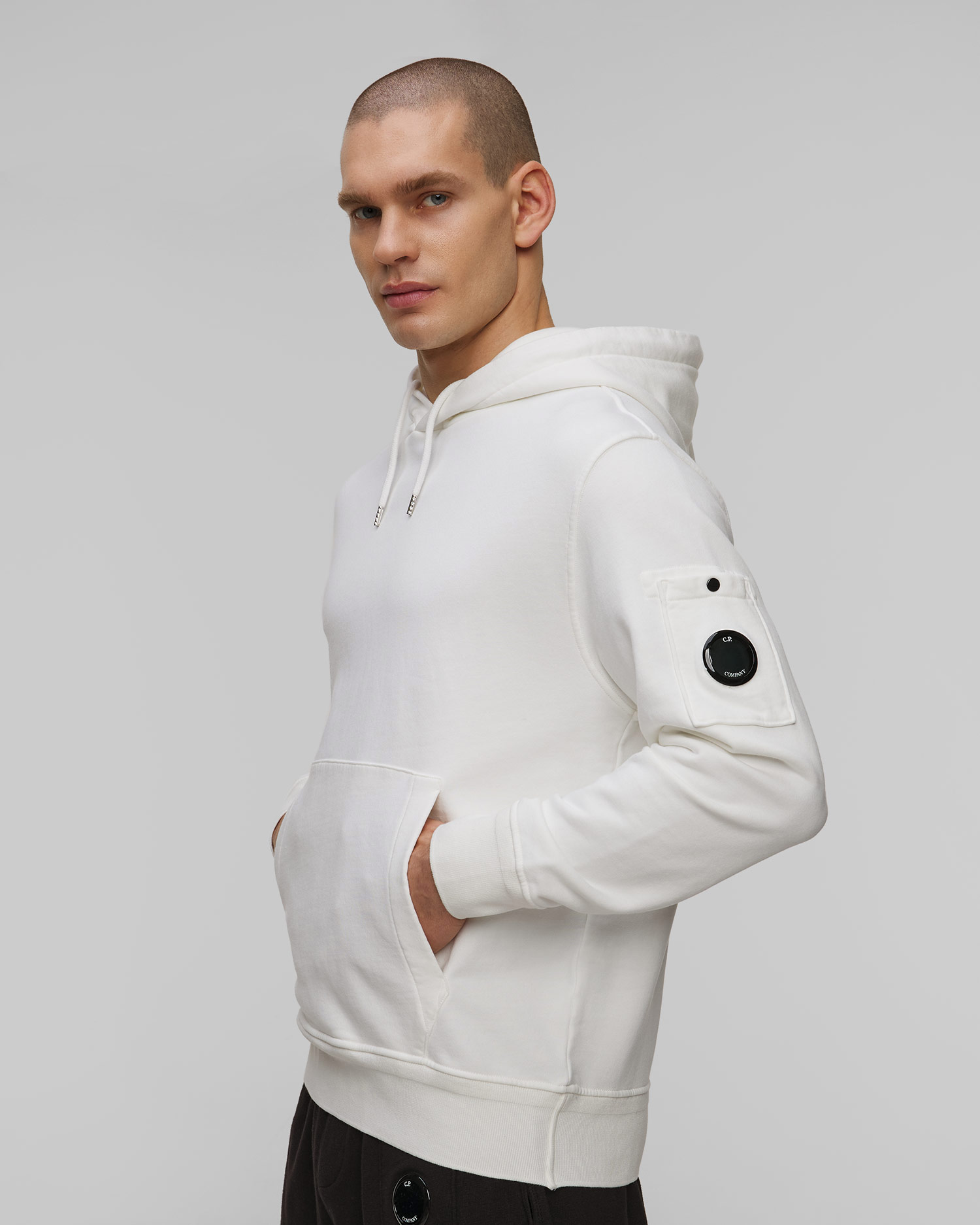 Men's swwatshirt C.P. Company Cotton Diagonal Fleece Resist Dyed Hooded Lens white