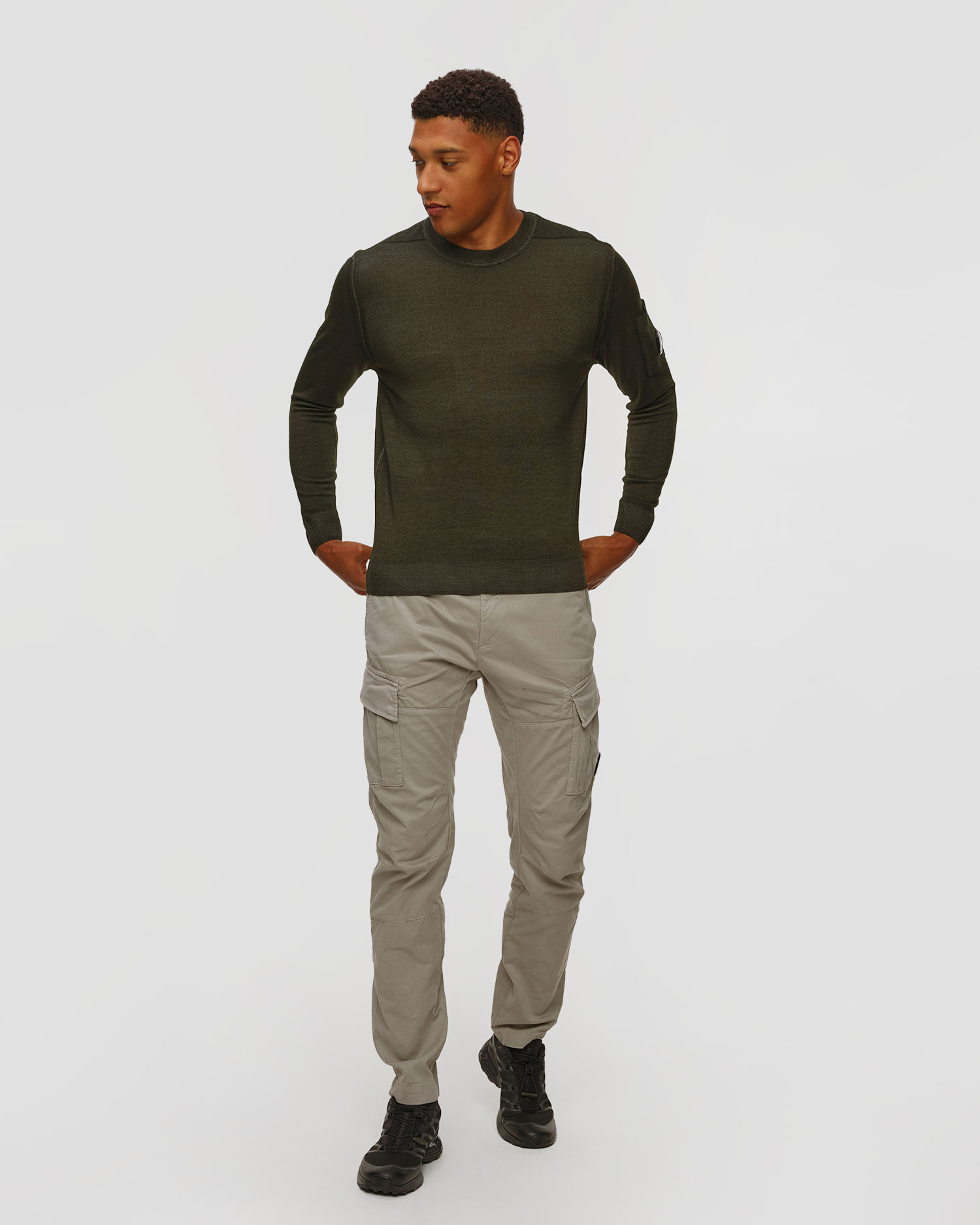 C.P. Company Merino Wool Crewneck Lens Sweater Herrenpullover in Grün und Grau