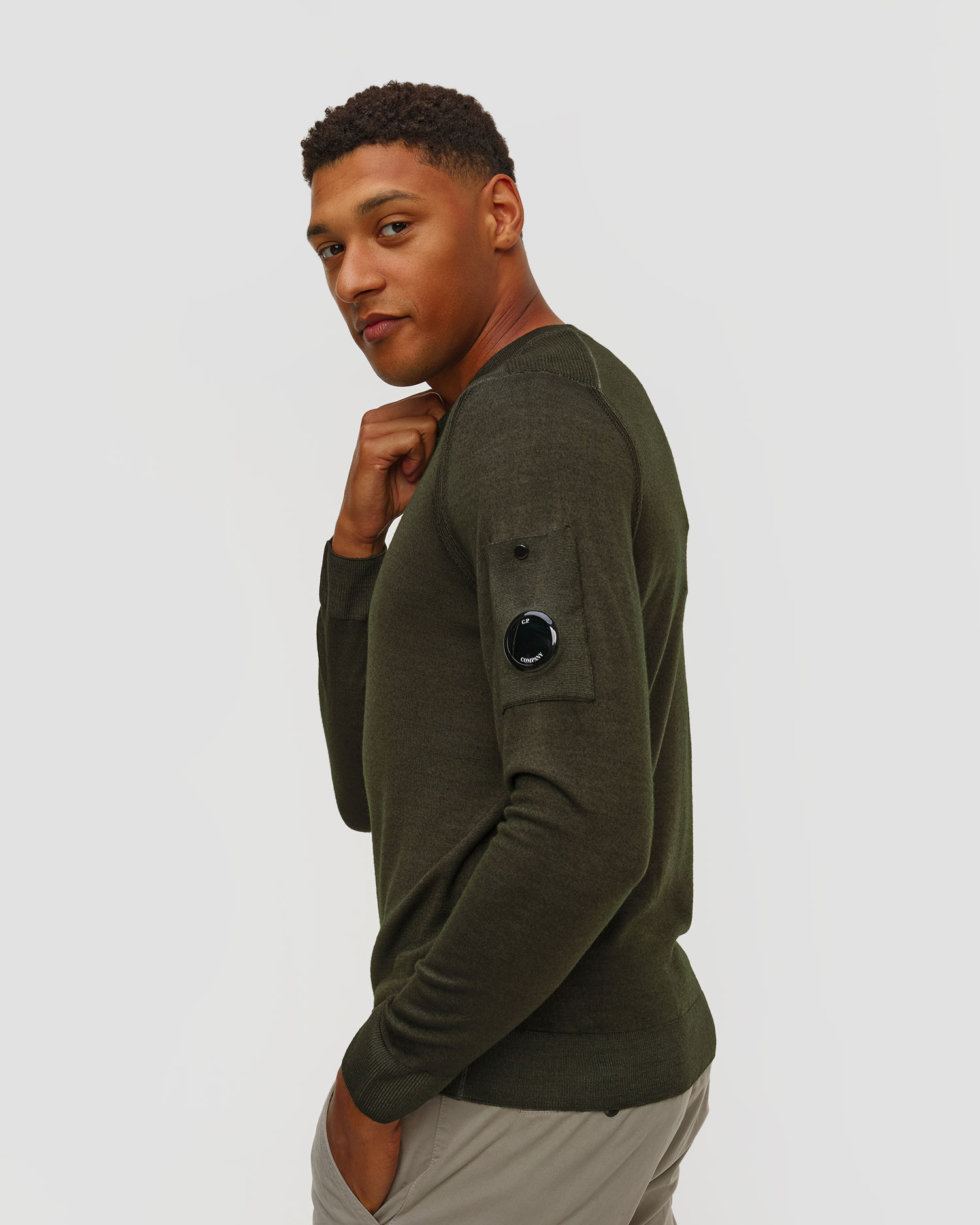 C.P. Company Merino Wool Crewneck Lens Sweater Herrenpullover in Grün und Grau