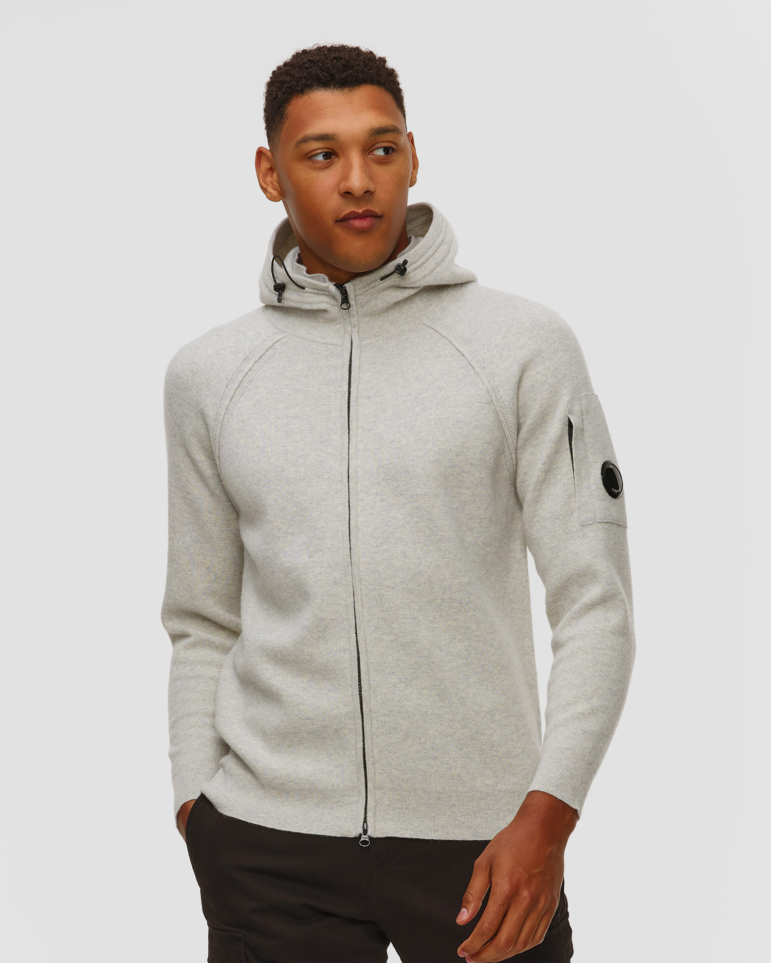 Sweat-shirt blanc et gris pour hommes C.P. Company Lambswool GRS Hooded Full Zip Sweater 