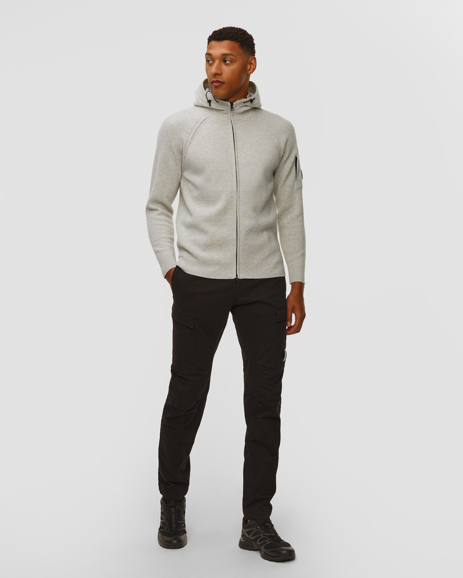 Sweat-shirt blanc et gris pour hommes C.P. Company Lambswool GRS Hooded Full Zip Sweater 