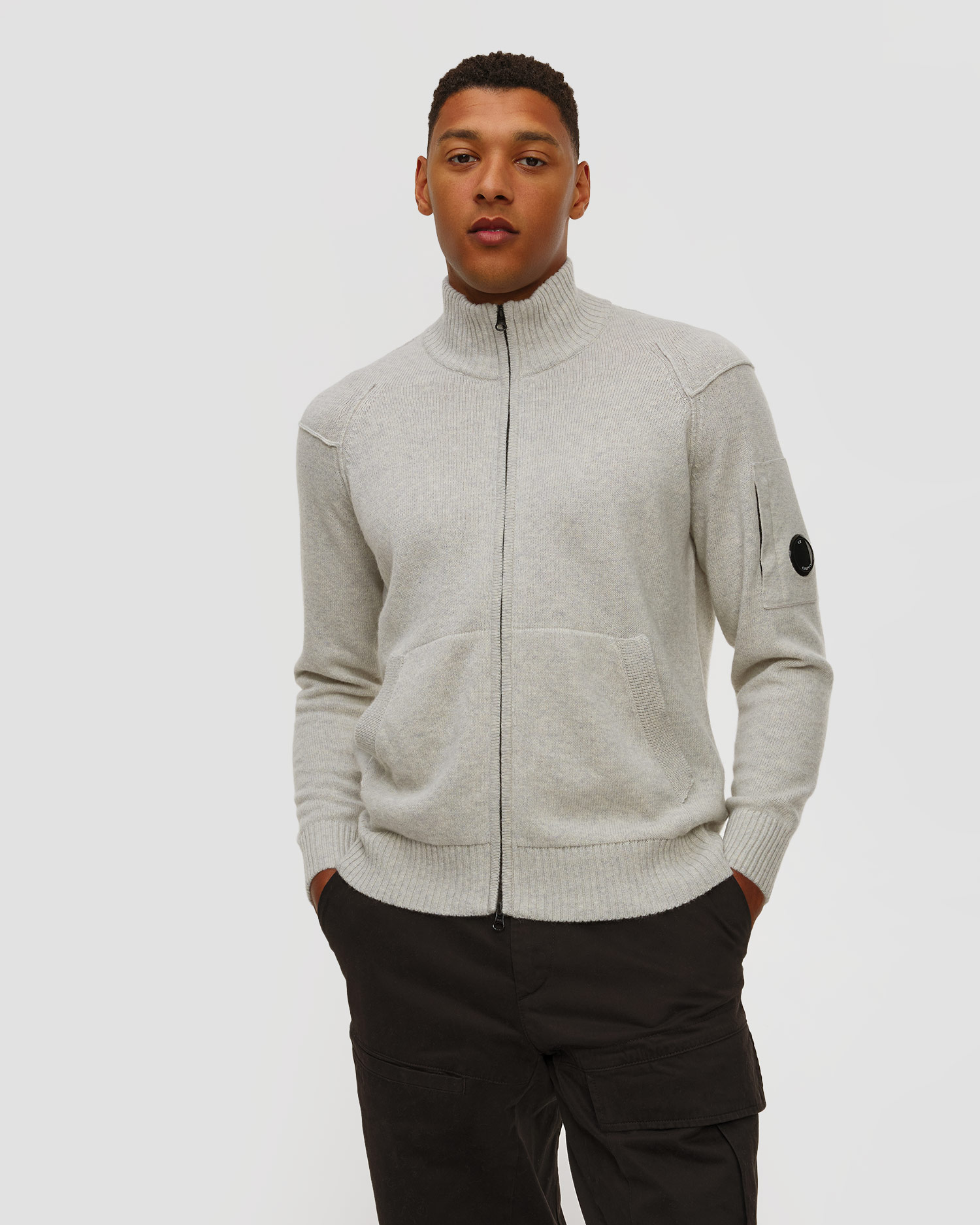 Sweat-shirt blanc et gris pour hommes C.P. Company Lambswool GRS Full Zip Sweater