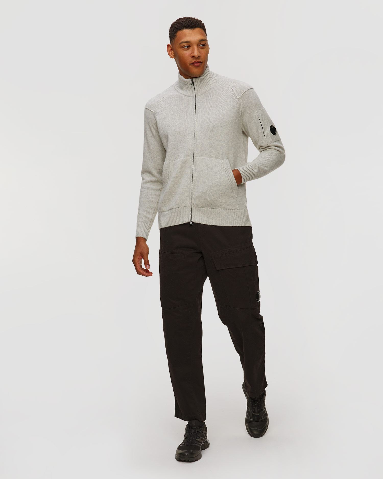 Sweat-shirt blanc et gris pour hommes C.P. Company Lambswool GRS Full Zip Sweater