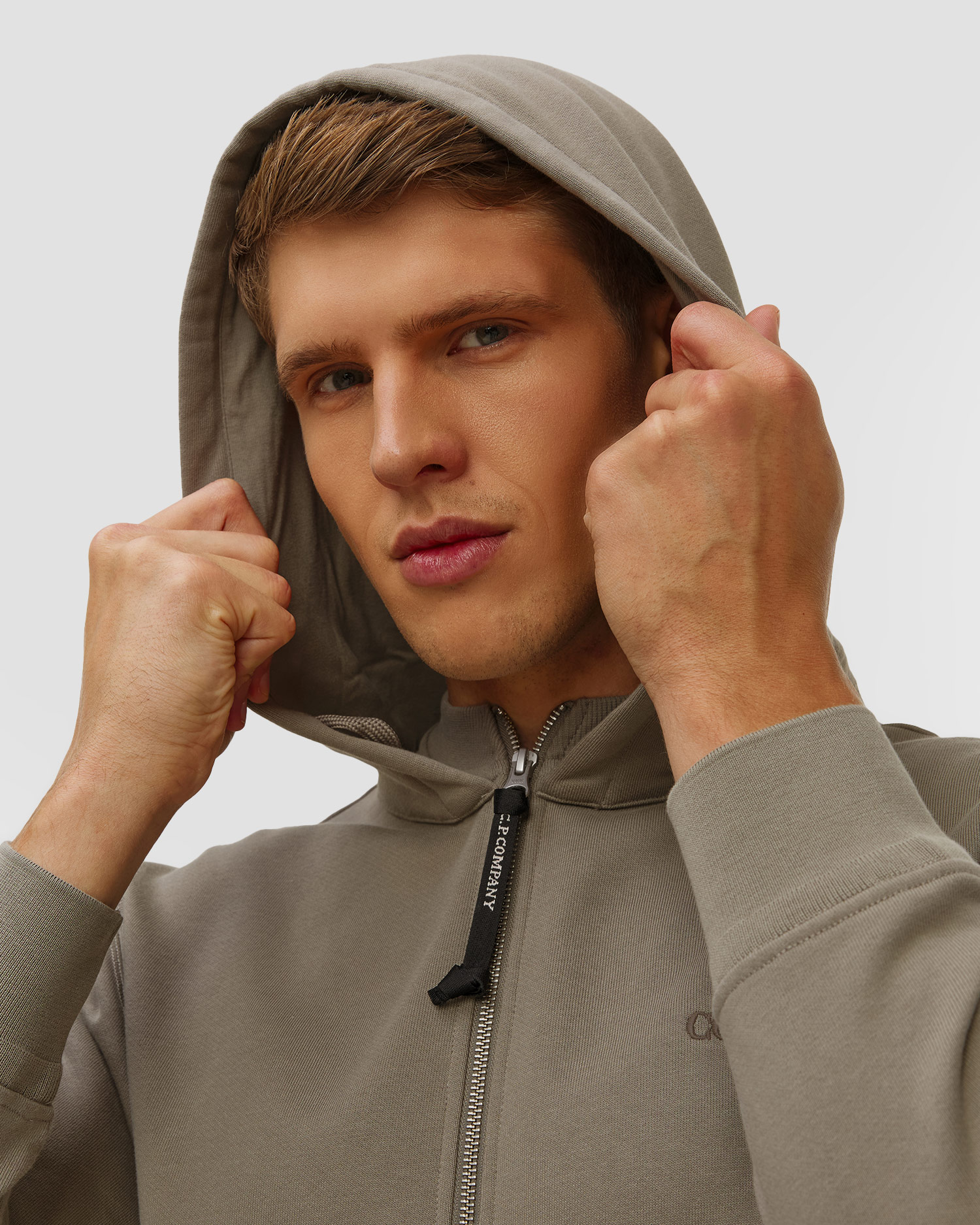 Pánska mikina C.P. Company Diagonal Raised Fleece Hooded Full Zip Sweatshirt béžová