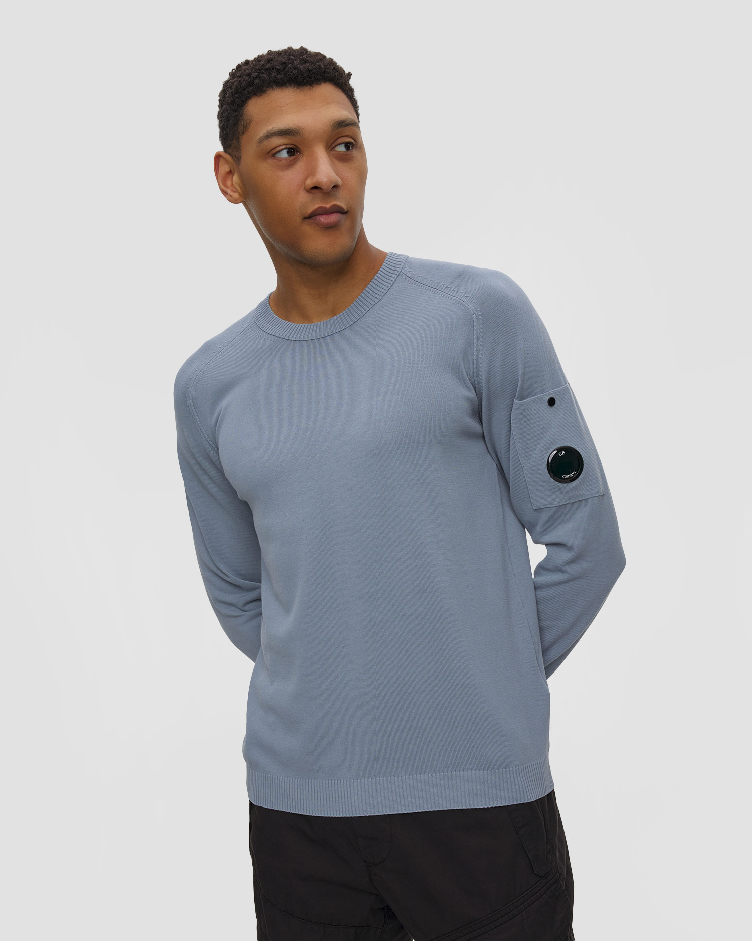 Pánský svetr C.P. Company Cotton Crepe Crewneck Lens Sweater, Barva/Vzor: Niebieski