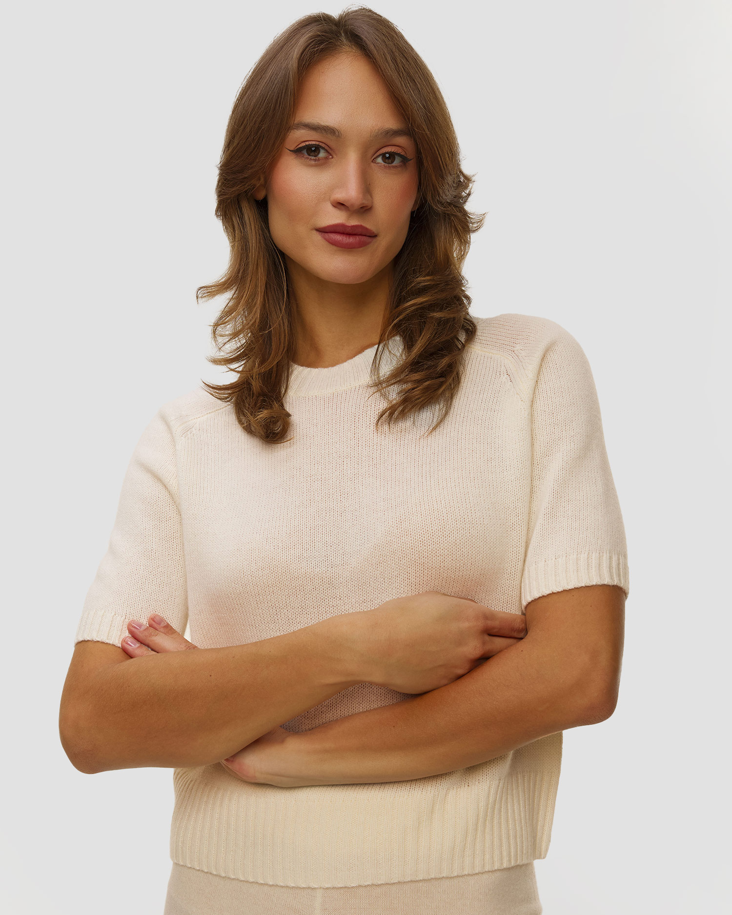 Allude Damen-Kaschmirpullover mit kurzen Ärmeln, Farbe/Muster: Biały