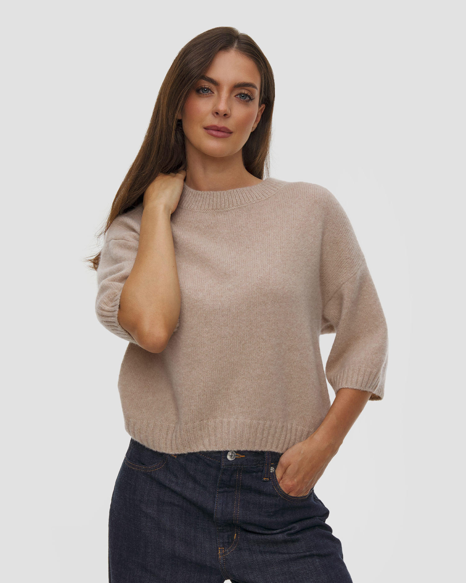 Allude Damenpullover mit kurzen Ärmeln aus Kaschmir und Seide, Farbe/Muster: Beżowy