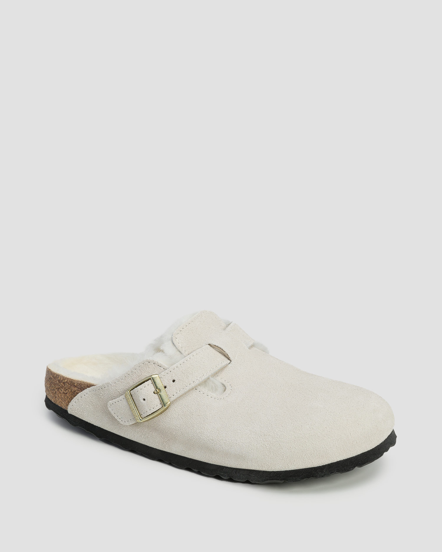 Birkenstock Boston Shearling Narrow Weiße Pantoletten mit Fell für Damen