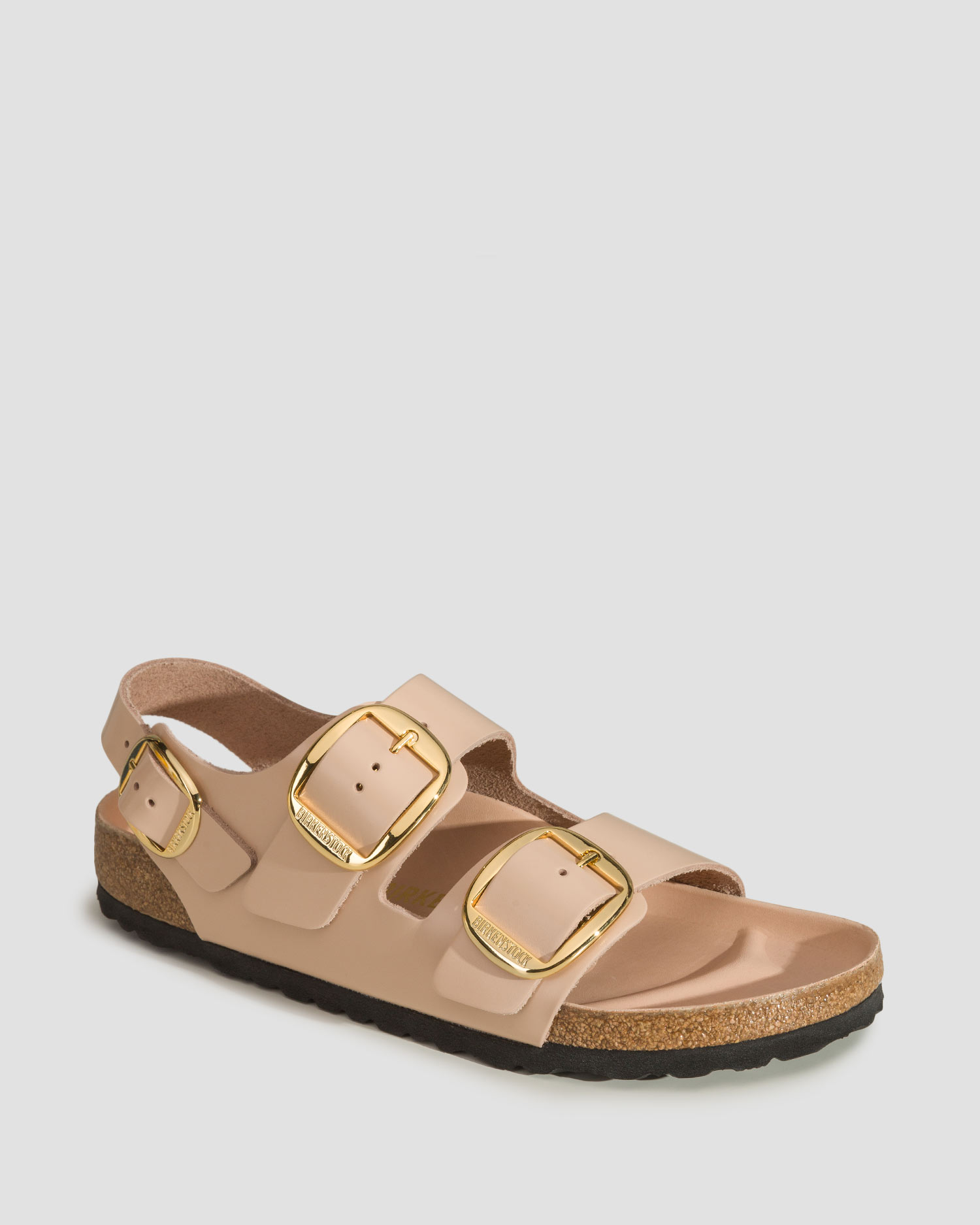 Sandale bej pentru femei Birkenstock Milano Big Buckle Natural Leather Patent Narrow