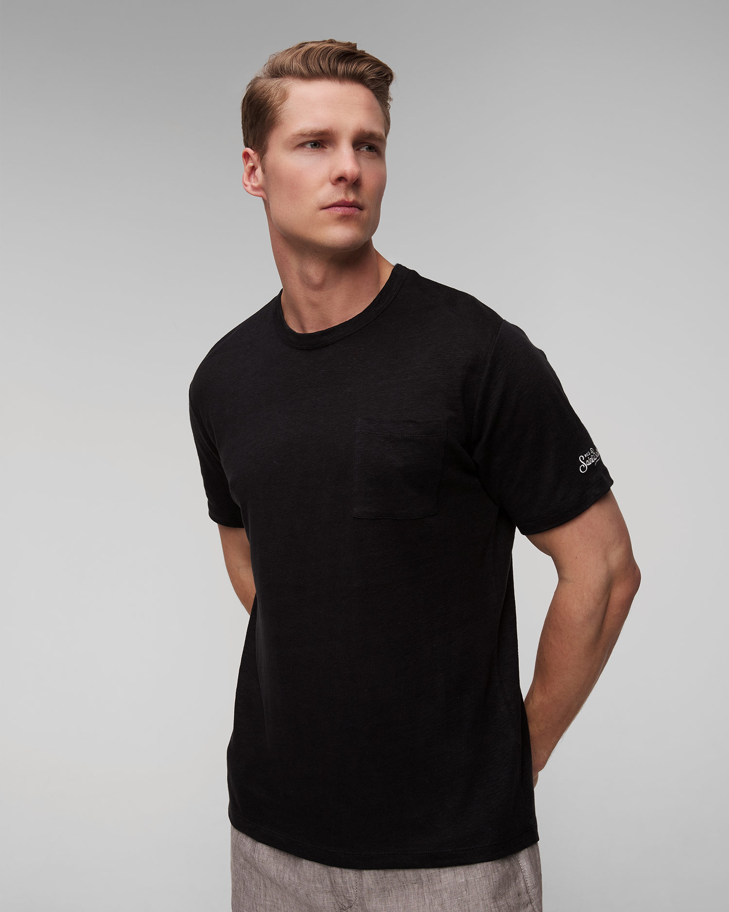 Czarny T-shirt lniany męski MC2 Saint Barth
