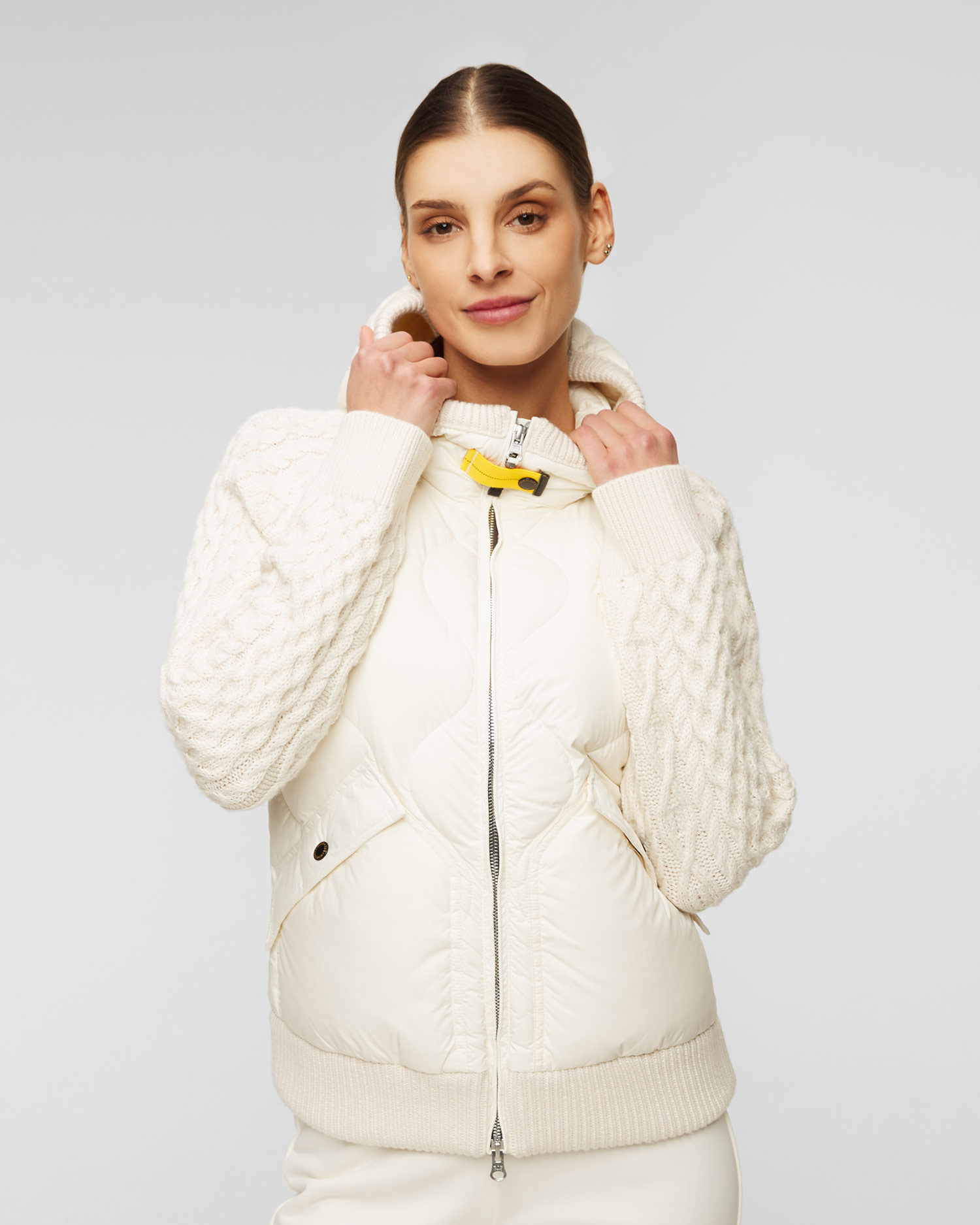 Parajumpers PHAT White Down Jacket with Aran Wool Sleeves S