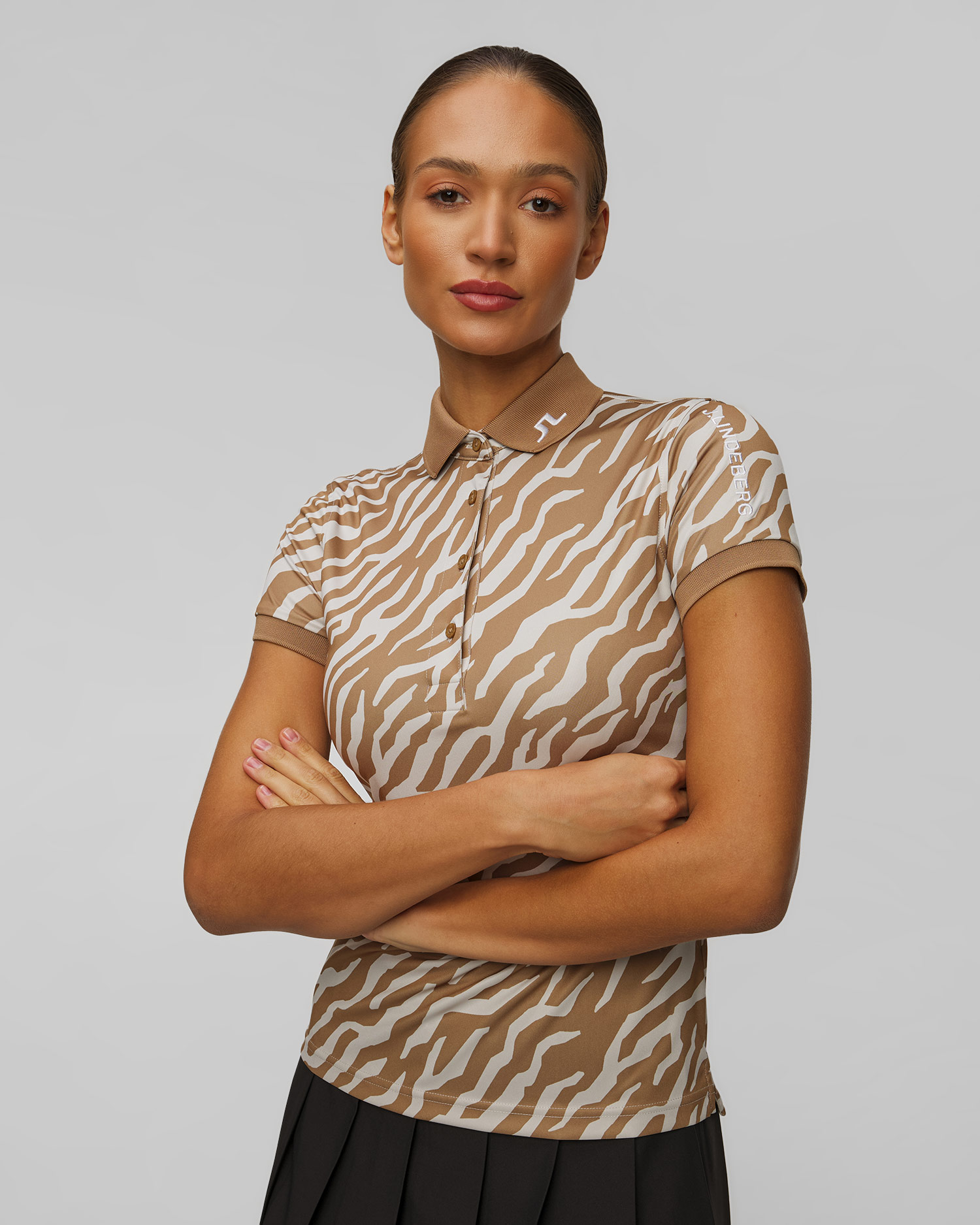 Polo technique marron et blanc pour femmes J.Lindeberg Tour Tech Print Polo, Couleur: Brązowy,Print,Biały