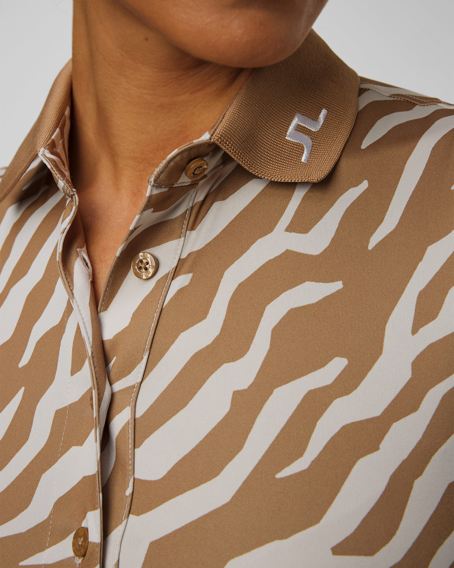 Women's technical polo J.Lindeberg Tour Tech Print Polo brown and white