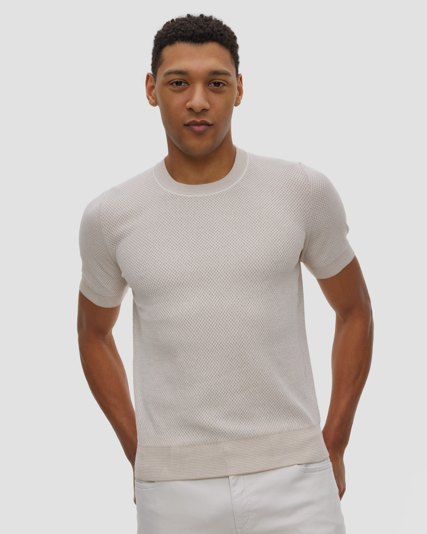 T-shirt dzianinowy męski Gran Sasso, Kolor/Wzór: Beżowy