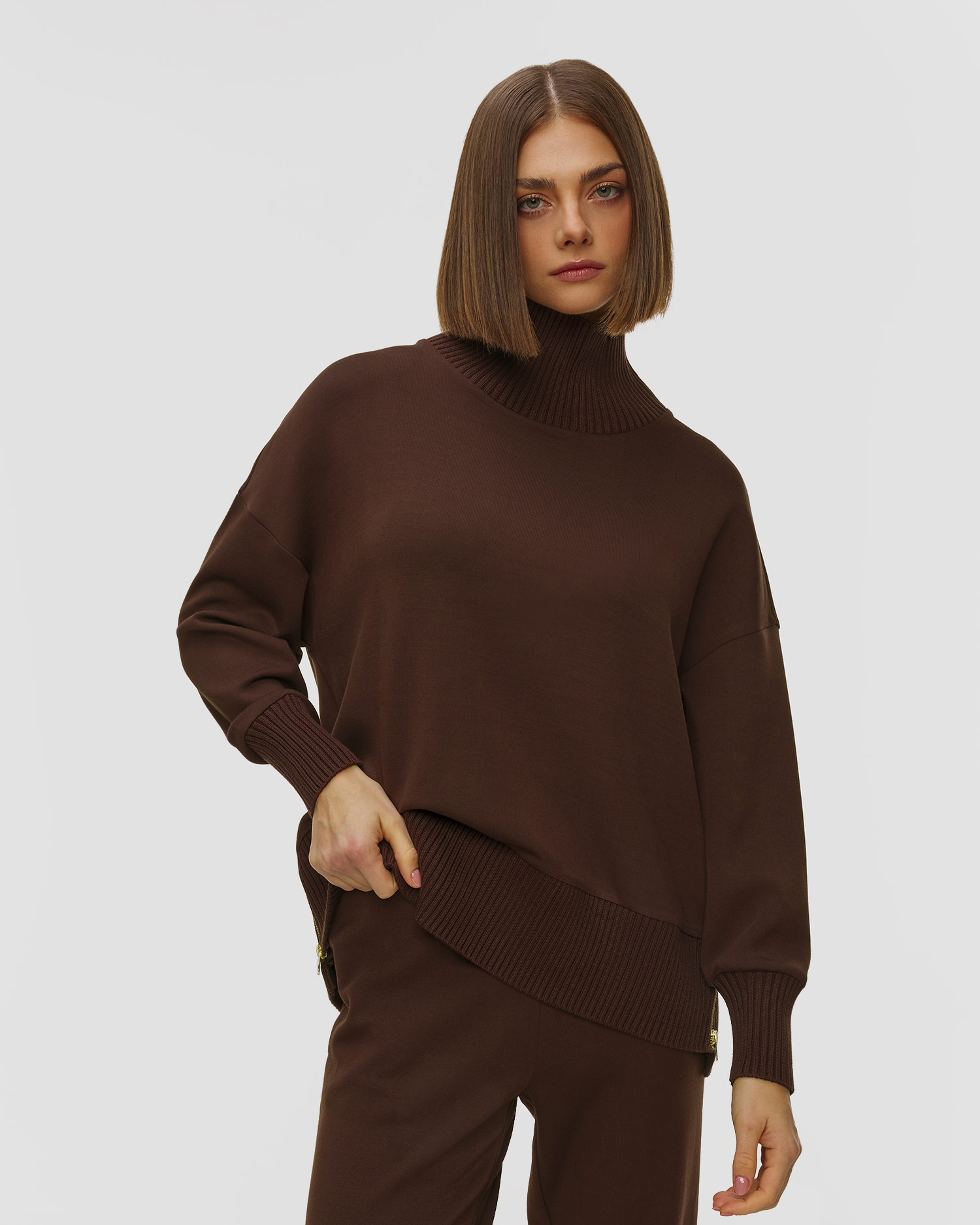 Brązowa bluza z golfem damska Varley Barker High Neck Sweat, Kolor/Wzór: Brązowy