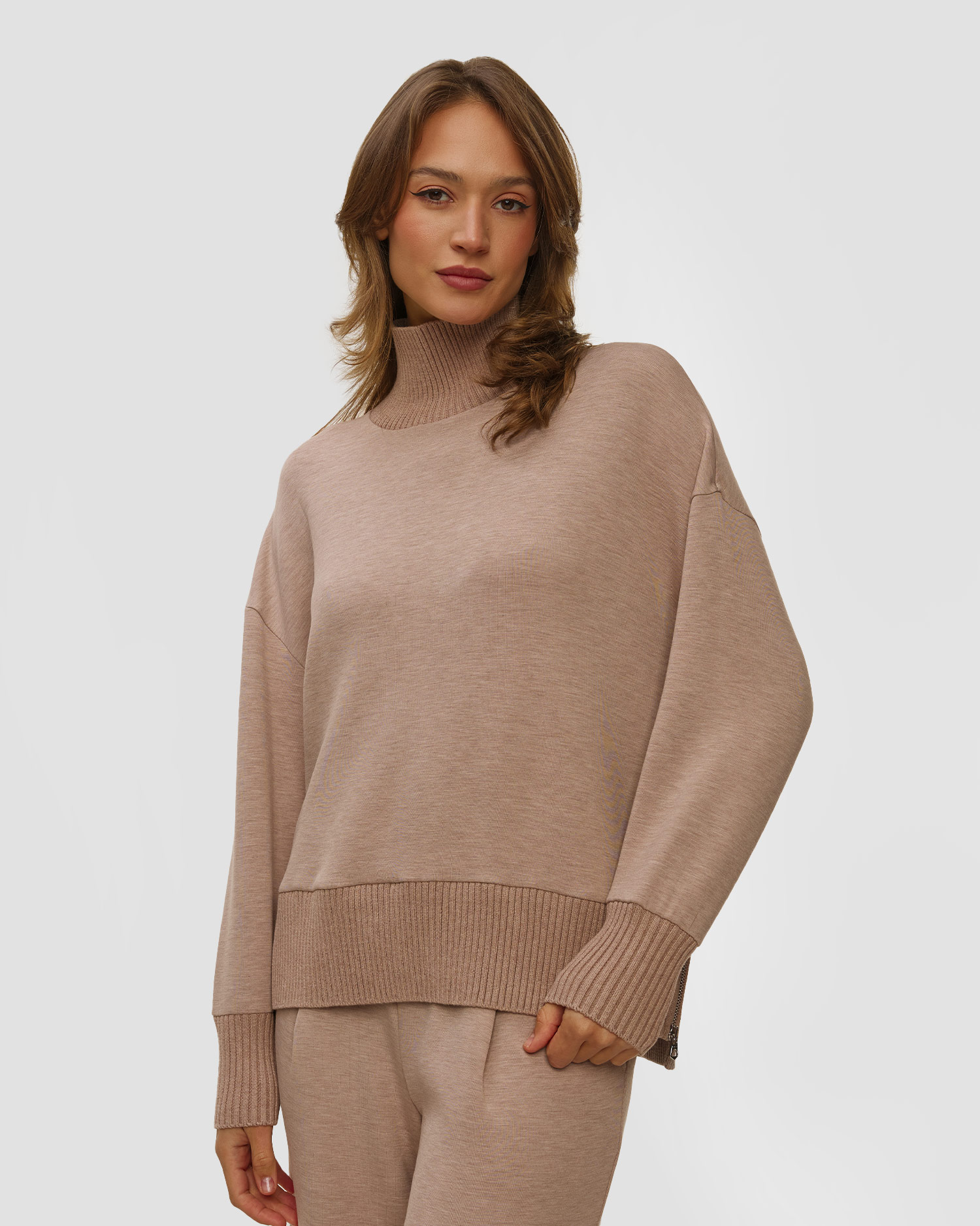 Brązowa bluza z golfem damska Varley Barker High Neck Sweat, Kolor/Wzór: Brązowy