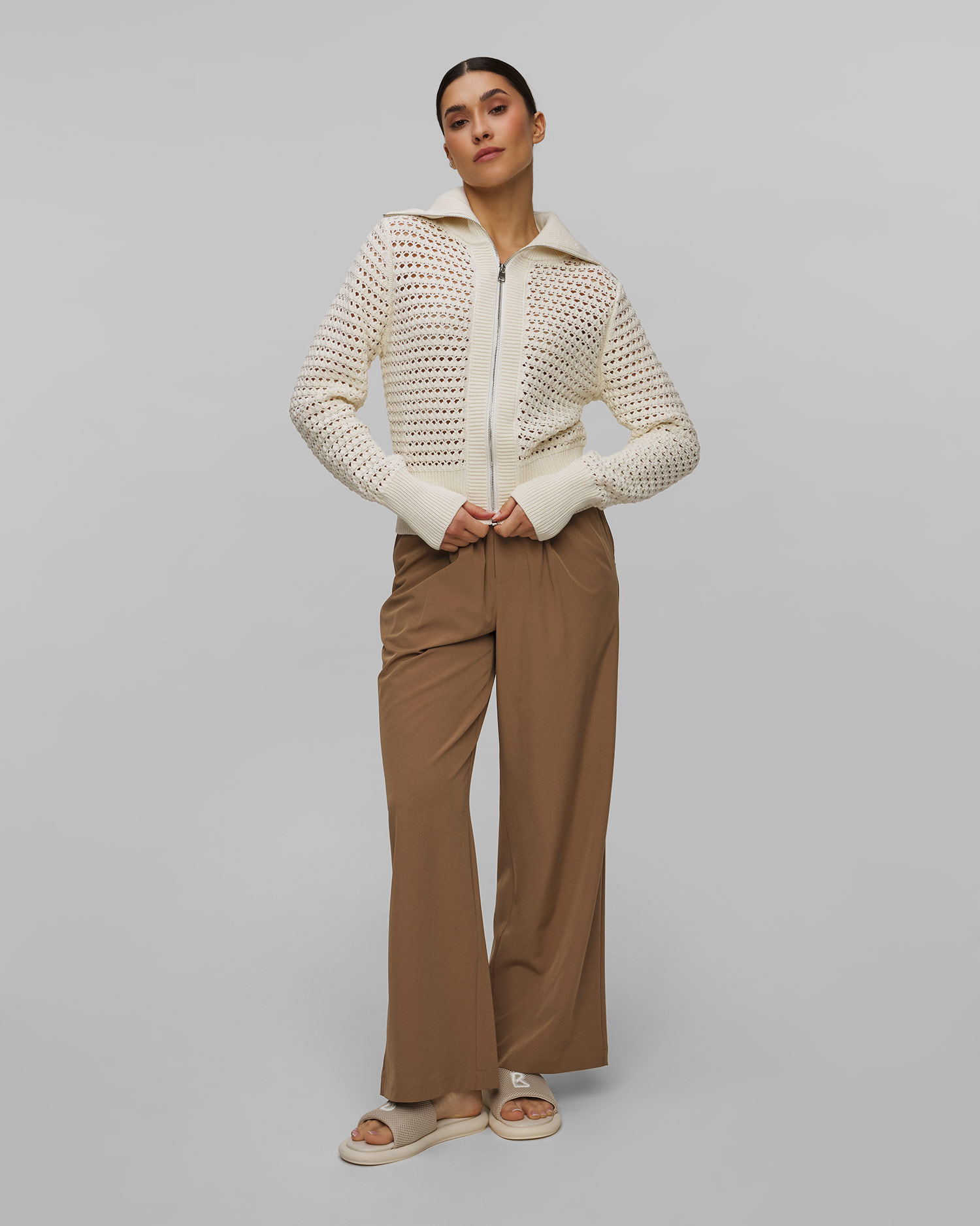 Biały sweter damski Varley Eloise Full Zip Knit