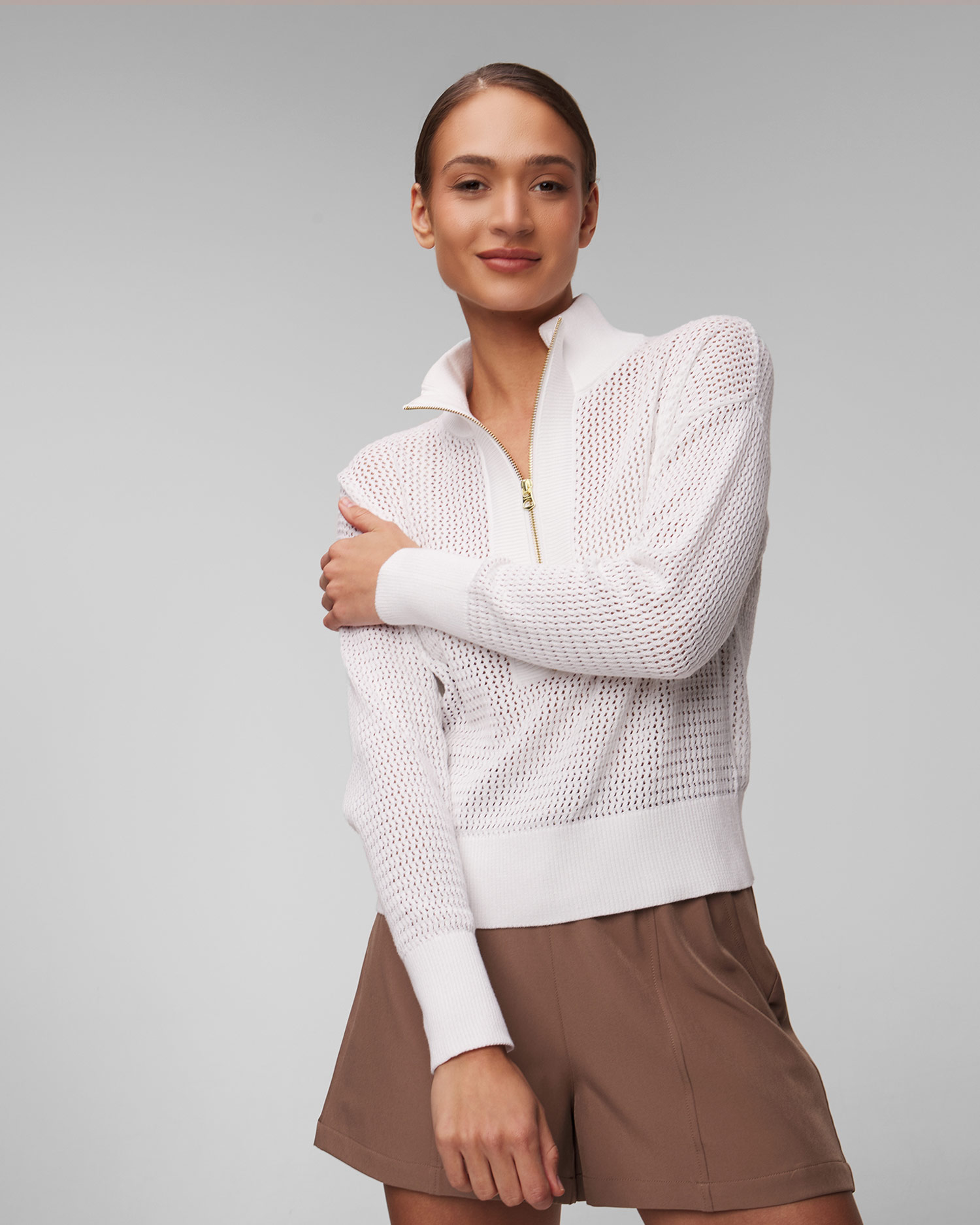 Women's white knit sweatshirt Varley Aurora Half Zip Knit