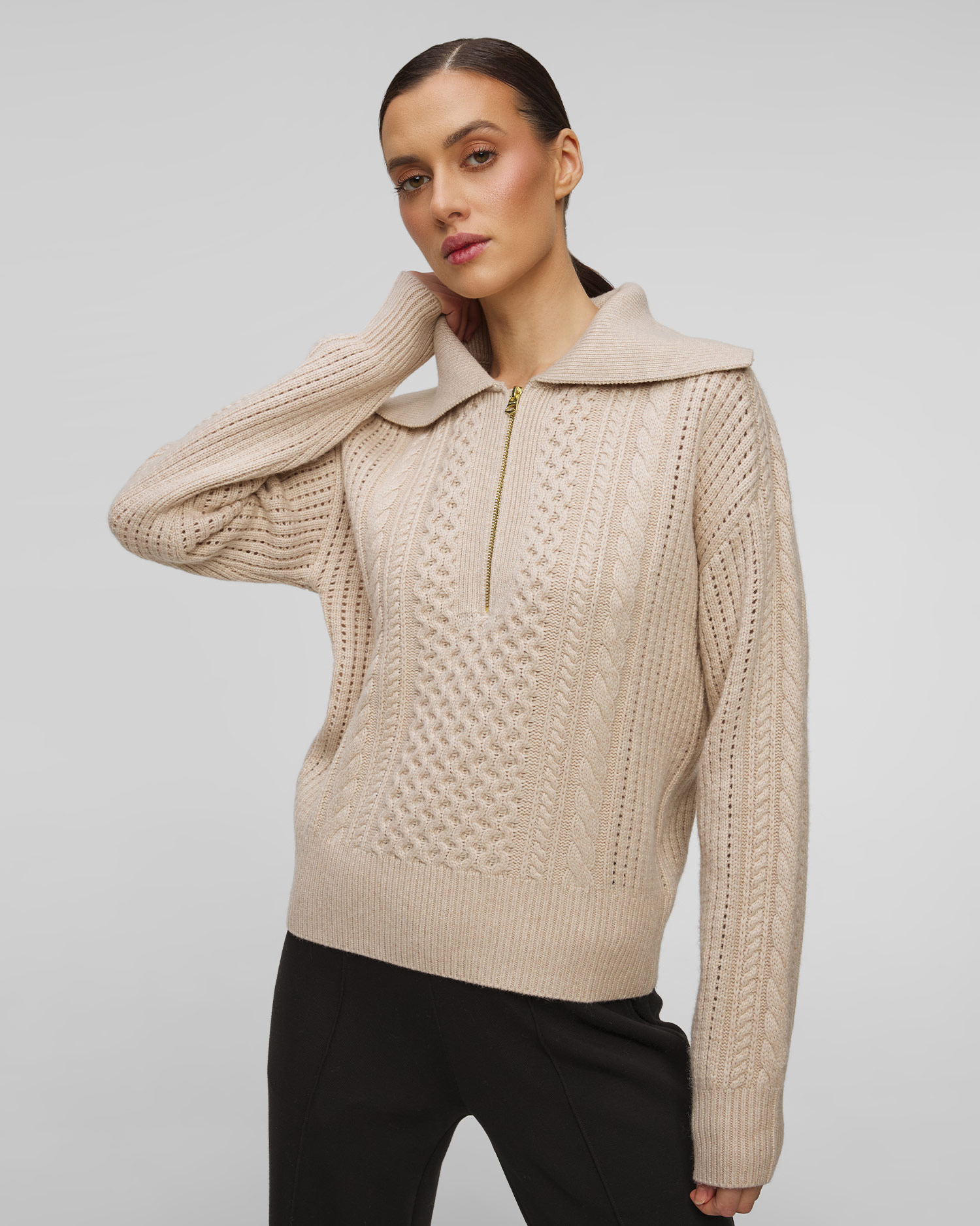 Varley Camello Relaxed Cable Half Zip Damenpullover mit Wolle in Beige