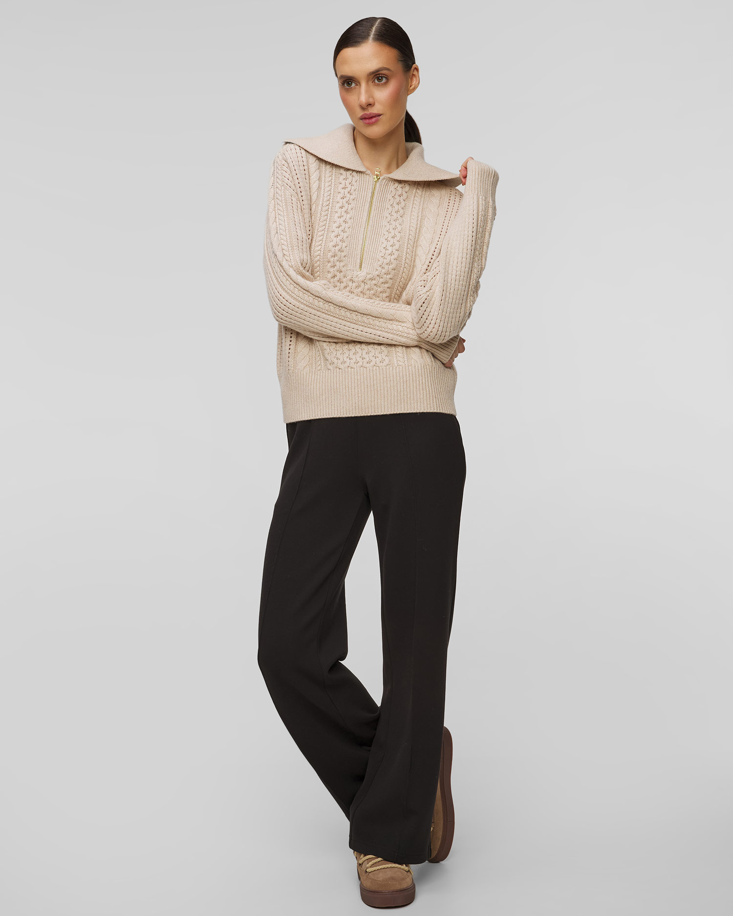 Varley Camello Relaxed Cable Half Zip Damenpullover mit Wolle in Beige