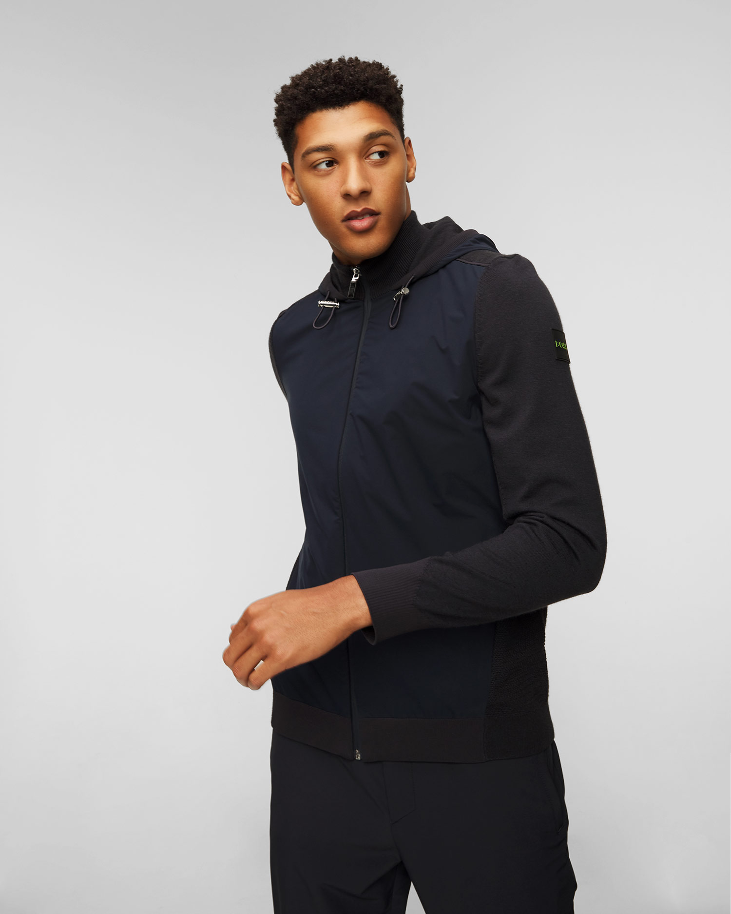 Hugo Boss Marseo Schwarze Marineblaue Herren-Hybridjacke mit Wolle
